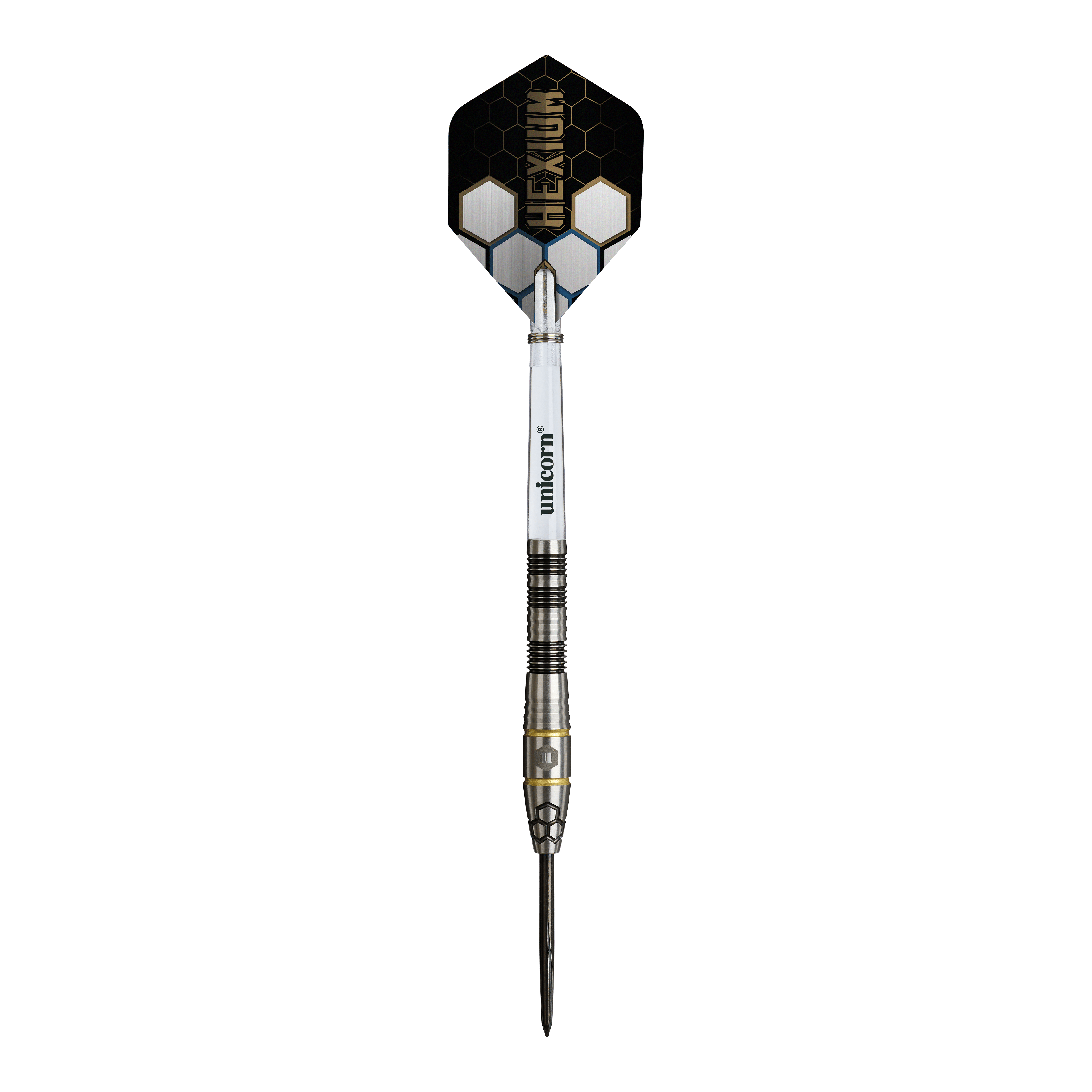 Dieses Bild zeigt die Unicorn Hexium Style 01 Black & Gold Steeldarts. Die Steeldarts sind in den Farben Schwarz und Gold gestaltet.