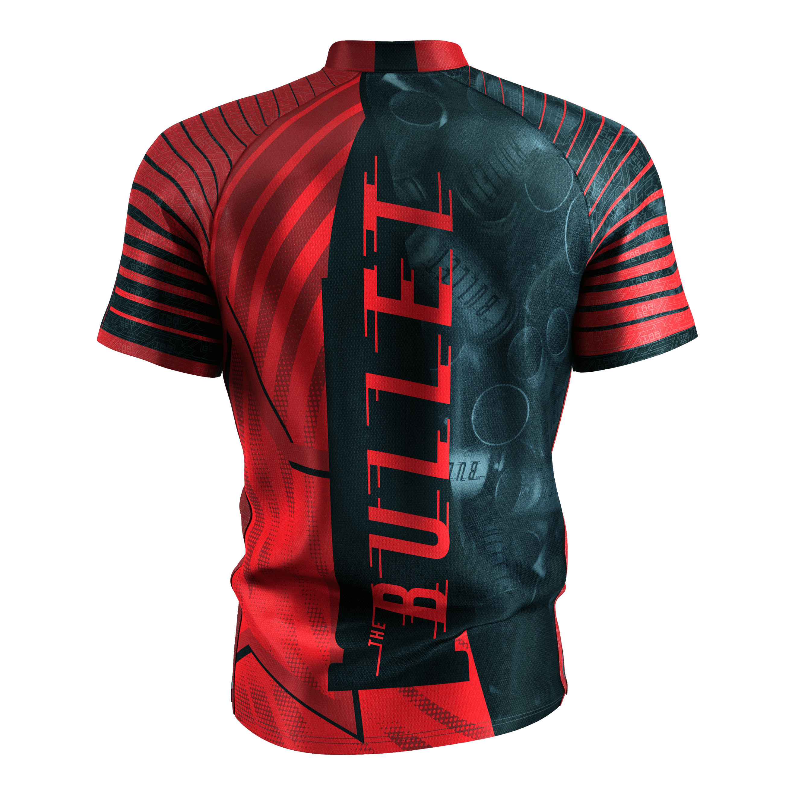 Target Coolplay Stephen Bunting 2025 dartshirt Das Bild zeigt das "Target Coolplay Stephen Bunting 2025 Dartshirt" von hinten. Das Shirt ist überwiegend rot und schwarz und trägt den Schriftzug "THE BULLET" auf dem Rücken.
