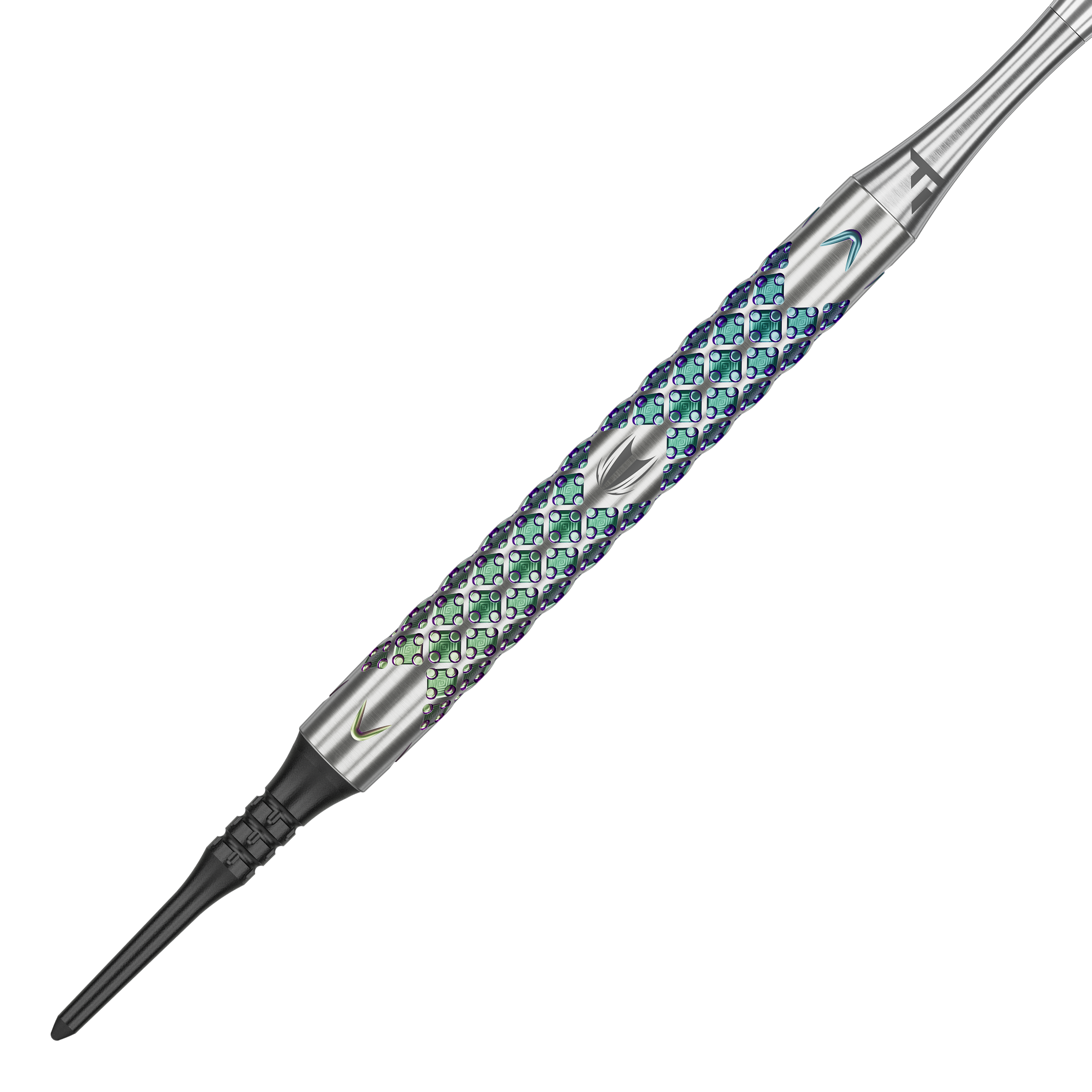 Target Rove 10 zachte darts Das Bild zeigt einen Target Rove 10 Softdart mit einem metallischen, bunt schimmernden Griff. Das Design weist eine strukturierte Oberfläche mit feinen Mustern auf.