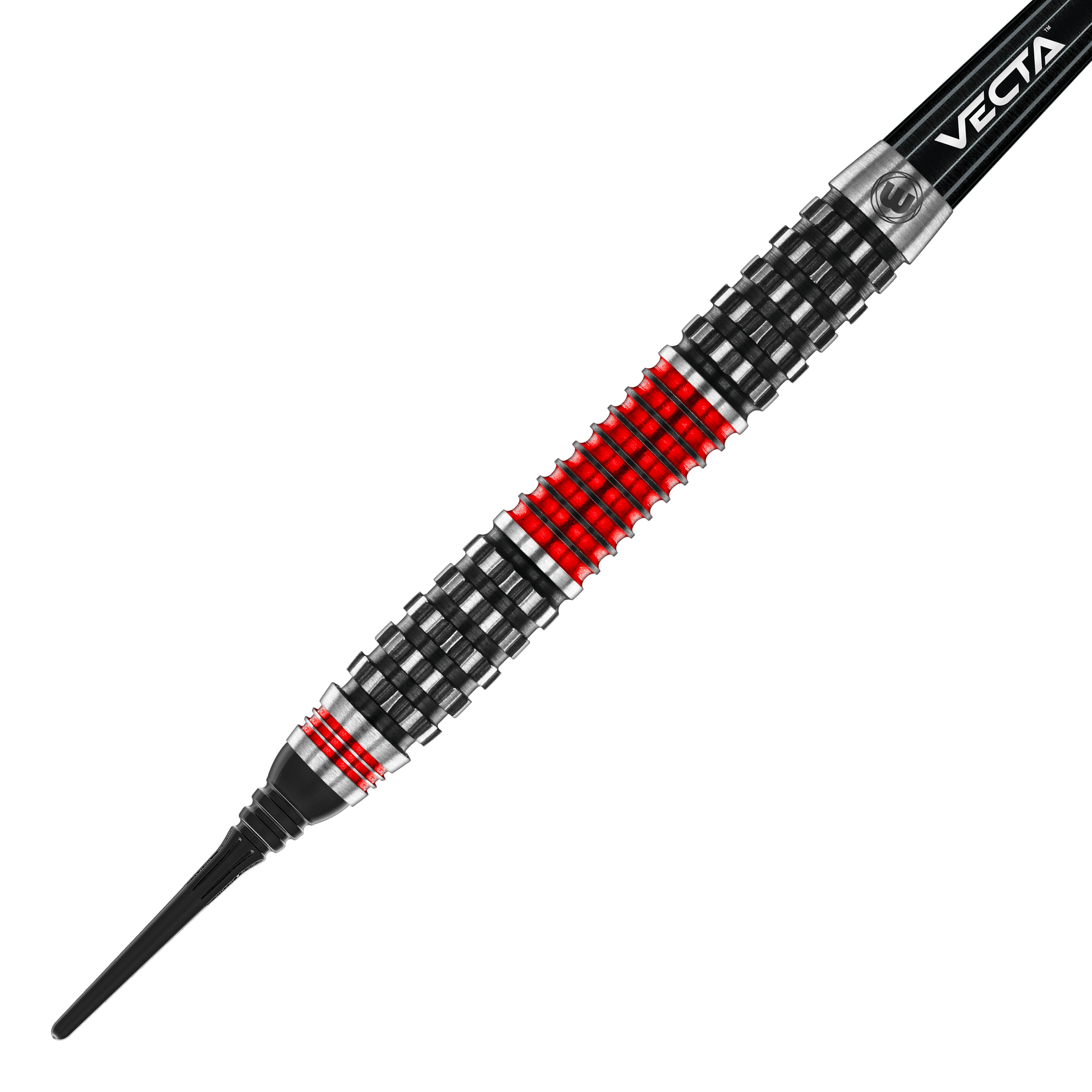 Winmau Joe Cullen Rockstar Series RS1 Zachte Darts - 20g Dies ist ein Softdart aus der Winmau Joe Cullen Rockstar Series RS1 mit einem Gewicht von 20g. Der Dart hat ein auffälliges Design mit schwarzen, silbernen und roten Ringen am Barrel.