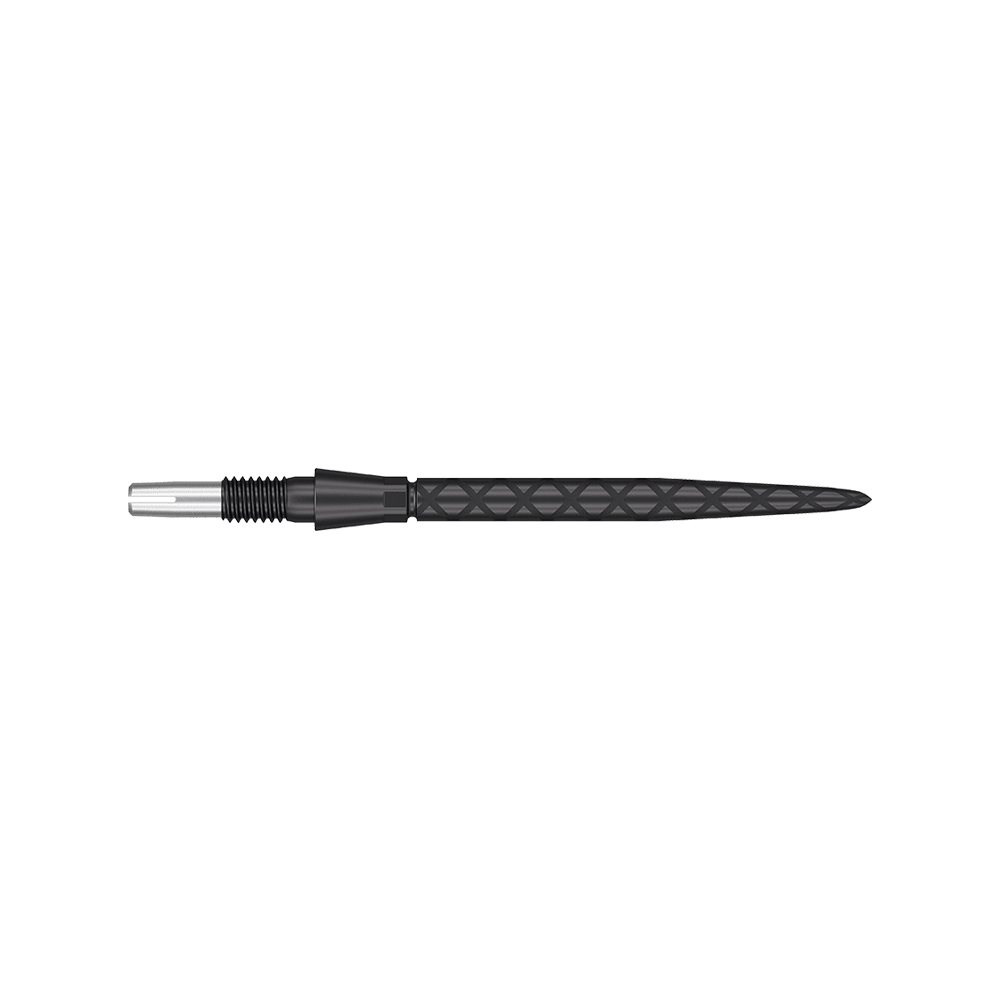 Target Swiss Storm Diamond Point Dartpunten - Zwart Auf dem Bild ist eine schwarze Dartspitze mit diamantförmigem Muster zu sehen. Sie ist lang und hat ein präzises, spitzes Ende.