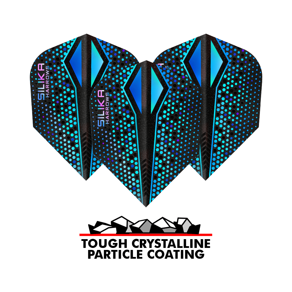 Harrows Silika Colorshift sterke kristallijne coating Blue-X No6 Flights Das Bild zeigt drei blaue Harrows Silika Colourshift Tough Crystalline Coating Blue-X No6 Flights. Darunter steht der Schriftzug "Tough Crystalline Particle Coating" mit einer Grafik von Kristallteilchen.