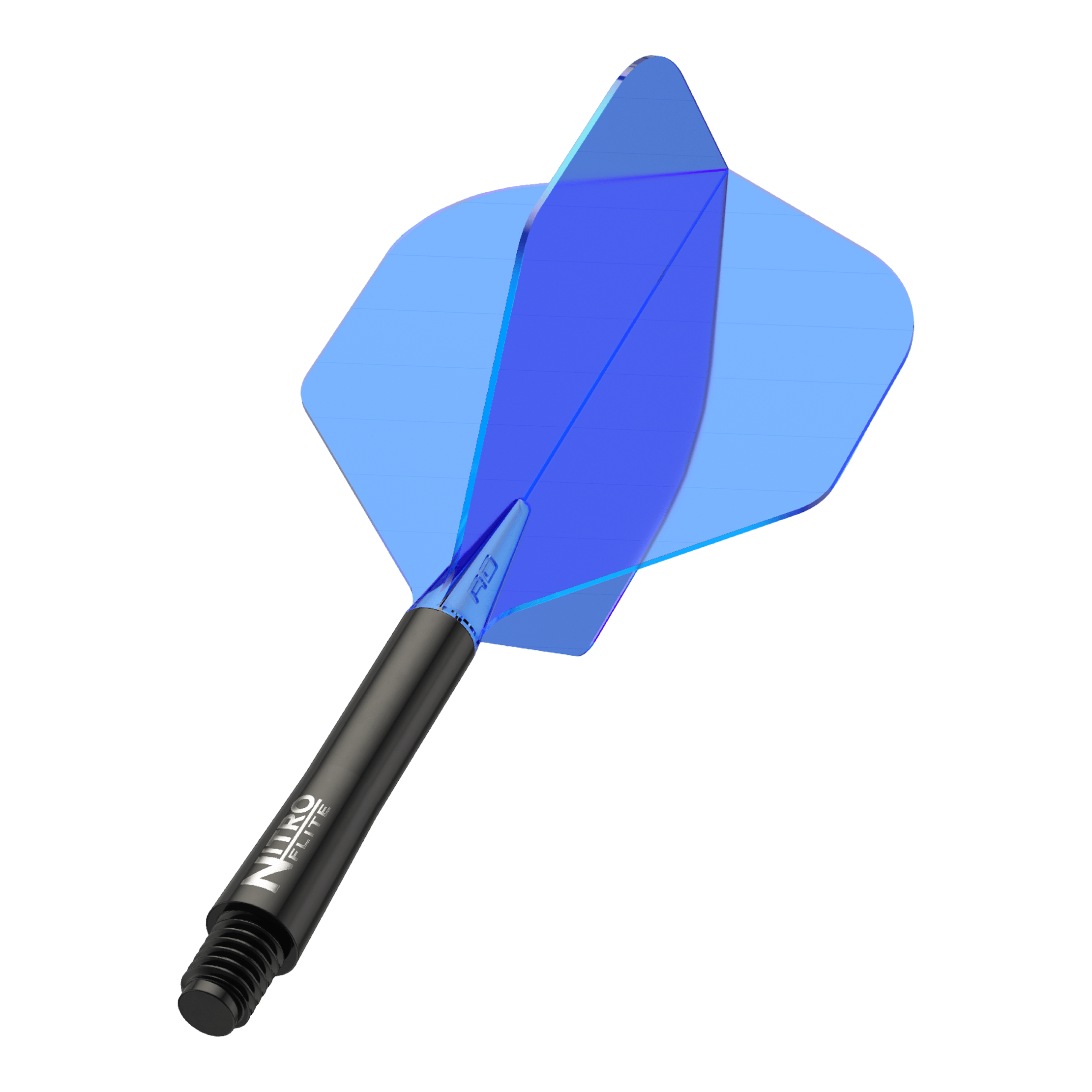 Das Bild zeigt einen blauen Dart-Flügel mit einem schwarzen Schaft. Auf dem Schaft steht der Schriftzug „Nitro Flite“.
