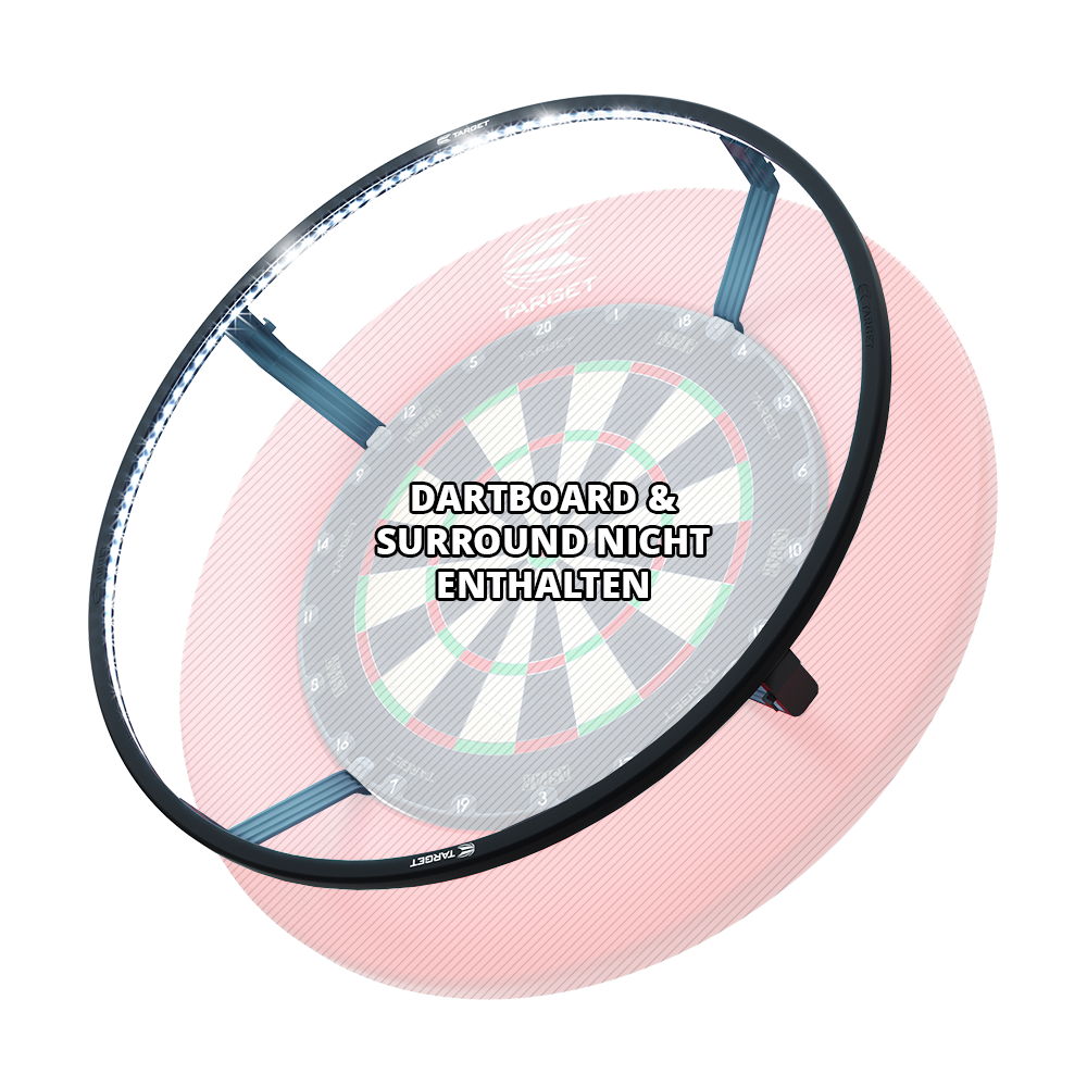 Target CORONA Vision LED-dartbordverlichtingssysteem Das Bild zeigt das Produkt "Target CORONA Vision LED Dartboard Lighting System", das als Beleuchtungssystem für eine Dartscheibe dient. Auf dem Bild steht außerdem der Hinweis: "Dartboard & Surround nicht enthalten."