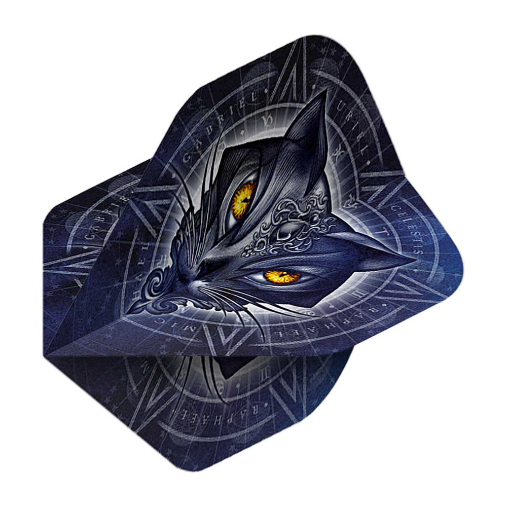 Alchemy Star Of Ailouros No2 Standaardvluchten Das Bild zeigt das Produkt „Alchemy Star Of Ailouros No2 Standard Flights“. Auf dem Flight ist ein dunkelblaues Katzenmotiv mit leuchtend gelben Augen und mystischen Symbolen abgebildet.