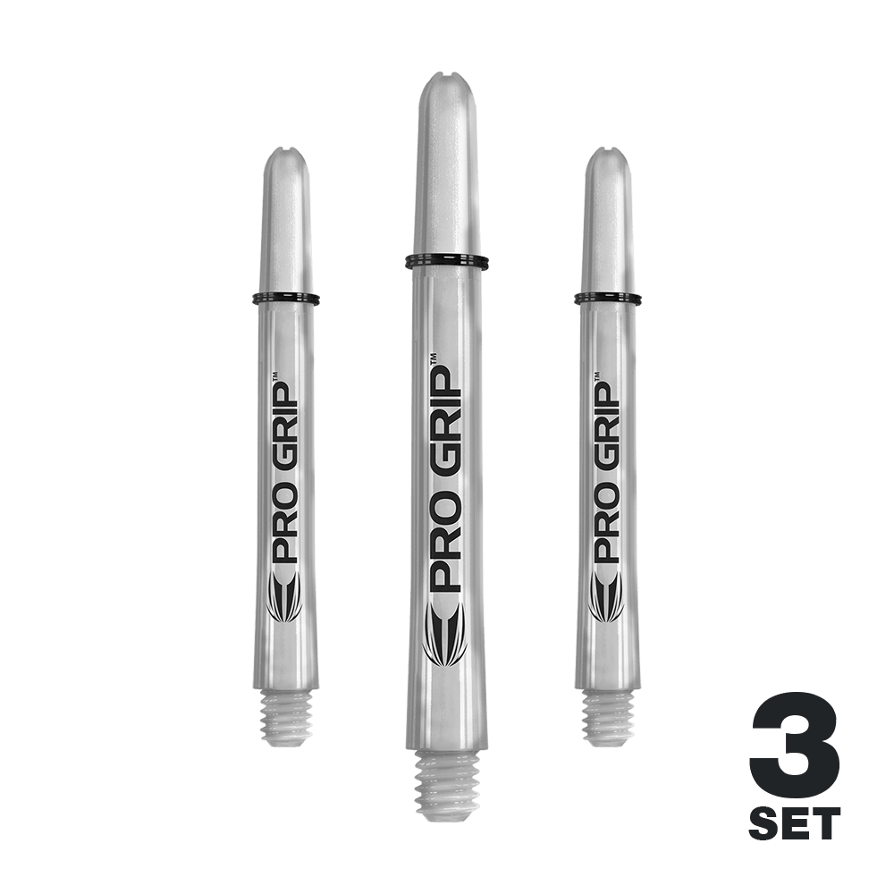 Target Pro Grip Shafts - 3 sets - Transparant Das Bild zeigt drei transparente "Pro Grip" Shafts für Dartpfeile. In der rechten unteren Ecke steht "3 Set".