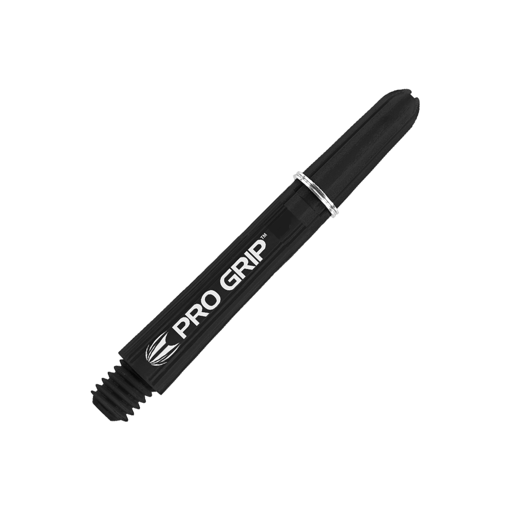 110164_Target_Pro_Grip_Shafts_Schwarz_375mm_2 Das Bild zeigt einen schwarzen Target Pro Grip Schaft für Dartpfeile. Auf dem Schaft steht in weißer Schrift "PRO GRIP".