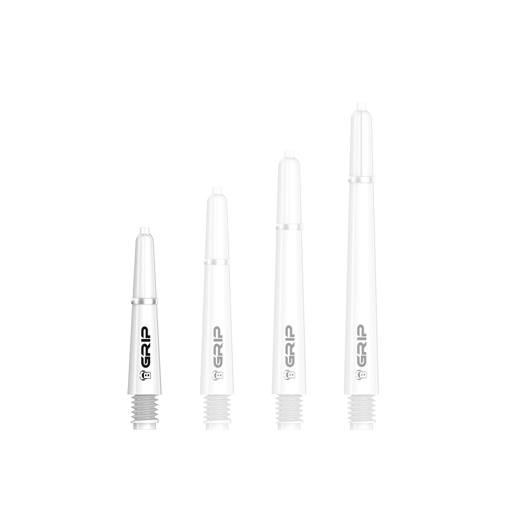 BS55089_Bulls_B-Grip-2_SL_Shafts_Weiss_28mm_1qvs1RFi2OKQNN Das Bild zeigt vier weiße Bulls B-Grip-2 SL Shafts in unterschiedlichen Längen. Sie sind nebeneinander angeordnet und haben ein schwarzes "GRIP"-Logo aufgedruckt.