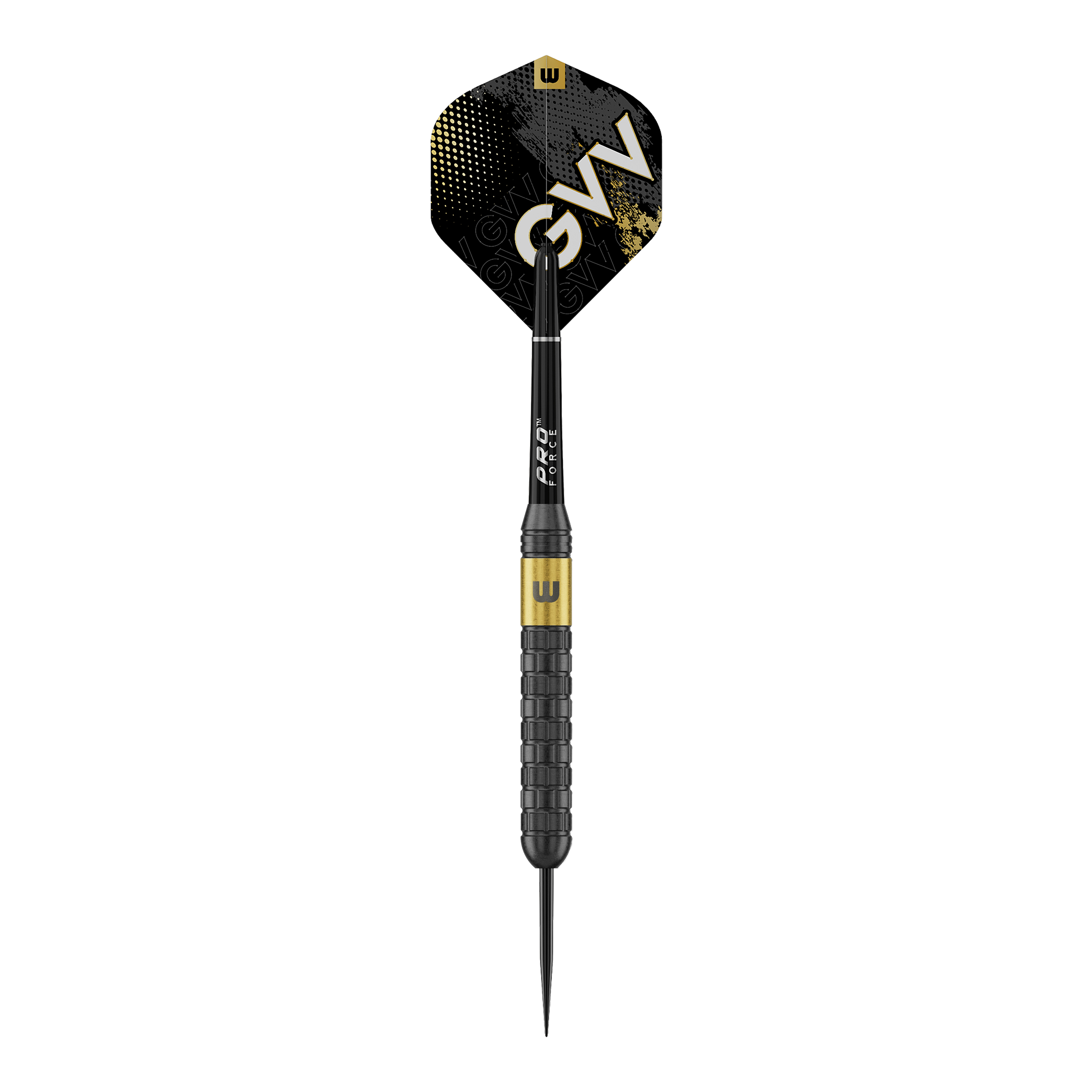 Winmau Gian Van Veen Core Messing Steeldarts - 21g Das Bild zeigt Winmau Gian Van Veen Core Brass Steeldarts mit einem Gewicht von 21 Gramm. Die Steeldarts sind aus einer seitlichen Perspektive zu sehen.