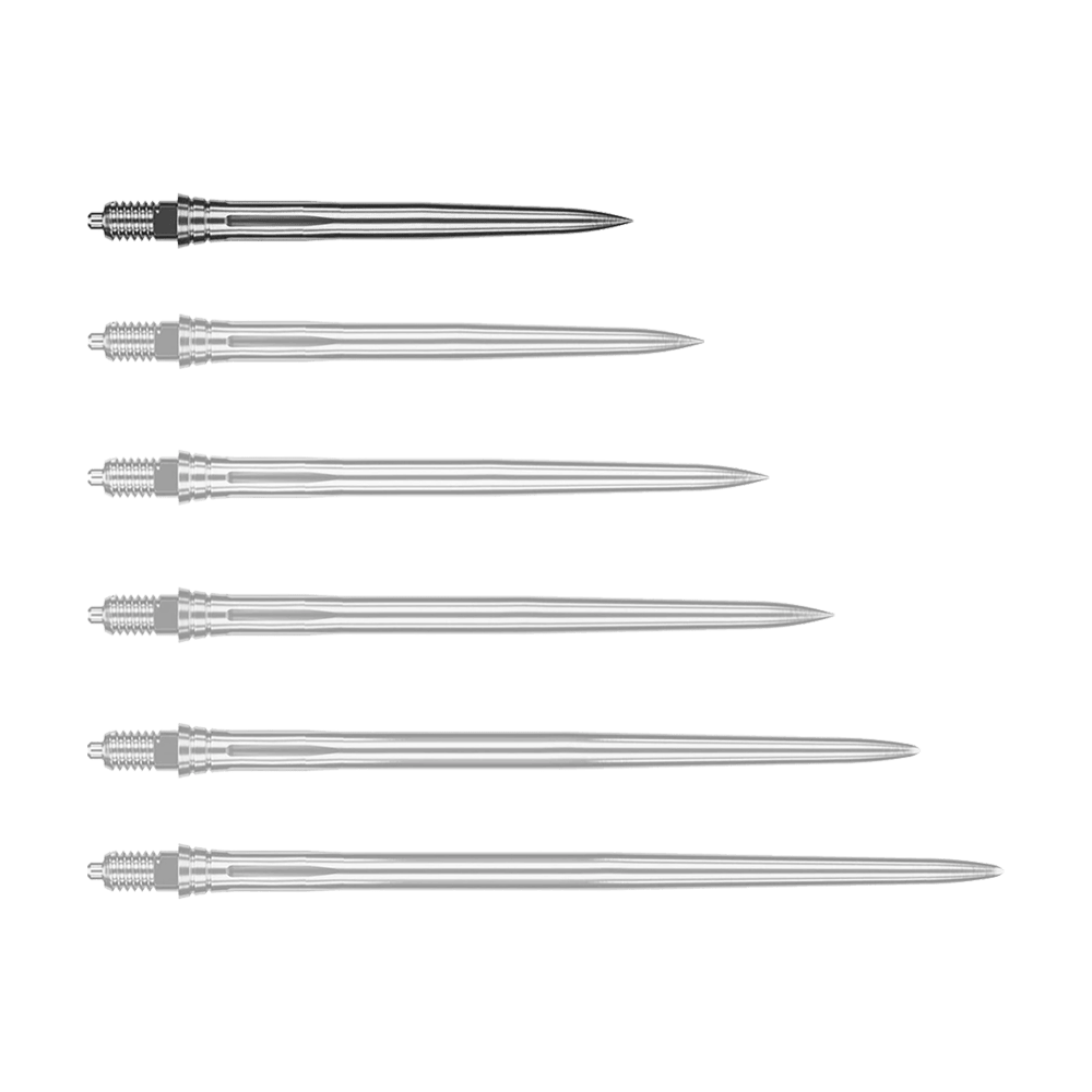 Caliburn EZ-EVO dartpunten - Glad - Zilver Abgebildet wird eine weitere glatte silberne Dartspitze, vermutlich in einer anderen Perspektive. Die Spitze scheint aus Metall zu bestehen.