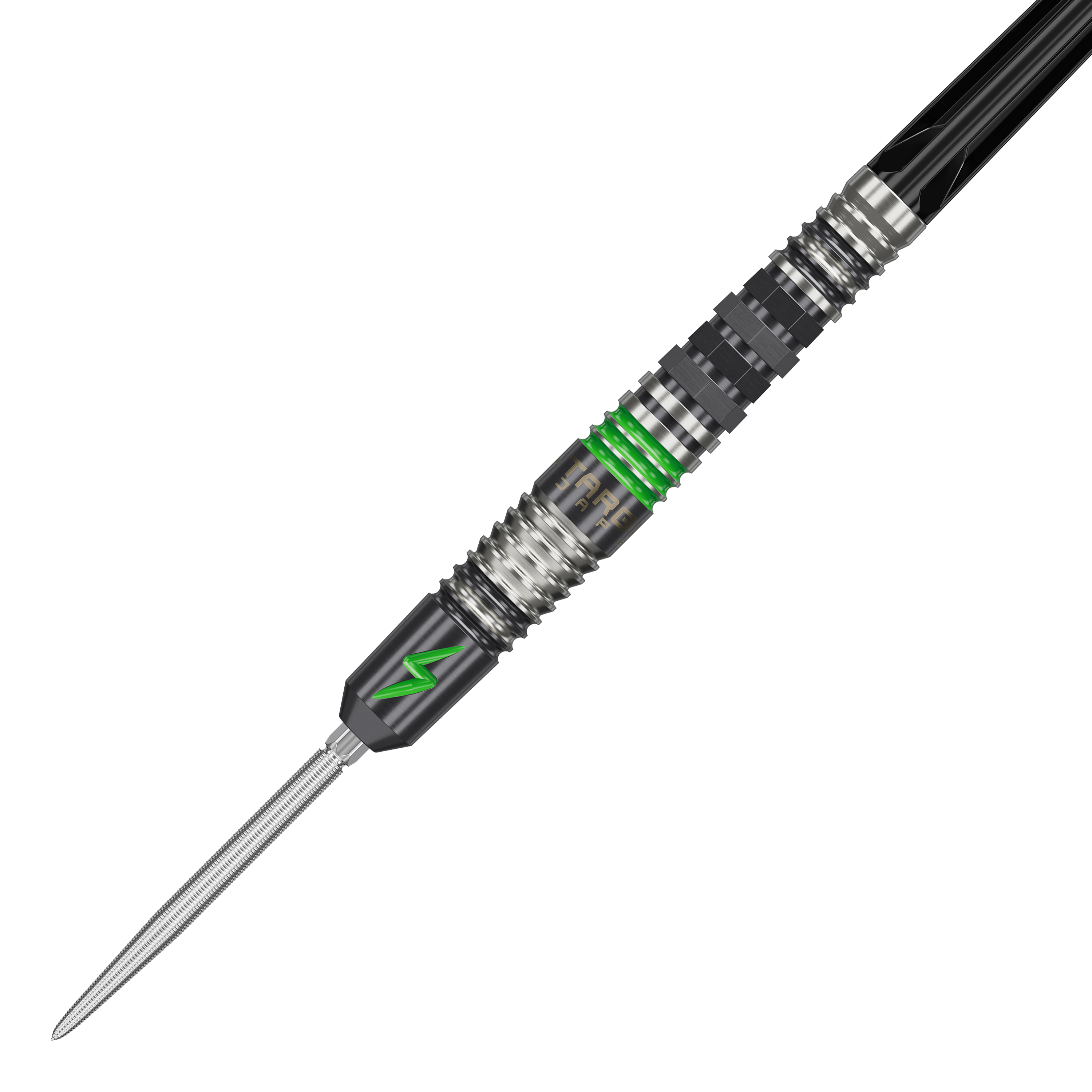 Target Japan Black Marque Lightning 3 SP steel darts Das Bild zeigt einen Target Japan Black Marque Lightning 3 SP Steeldart. Der Dartpfeil hat ein modernes Design mit schwarzen und silbernen Elementen sowie auffälligen grünen Akzenten.