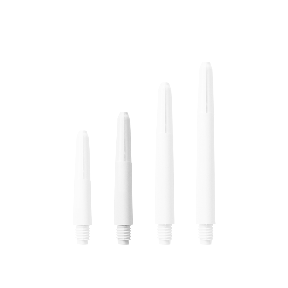 581_Nylon_Shafts_Schneeweiss_35mm_1SOzIiFqo0WIso Das Bild zeigt vier Nylon Shafts in Schneeweiß, die in unterschiedlichen Längen angeordnet sind. Sie sind jeweils mit einem Schraubgewinde am unteren Ende versehen.