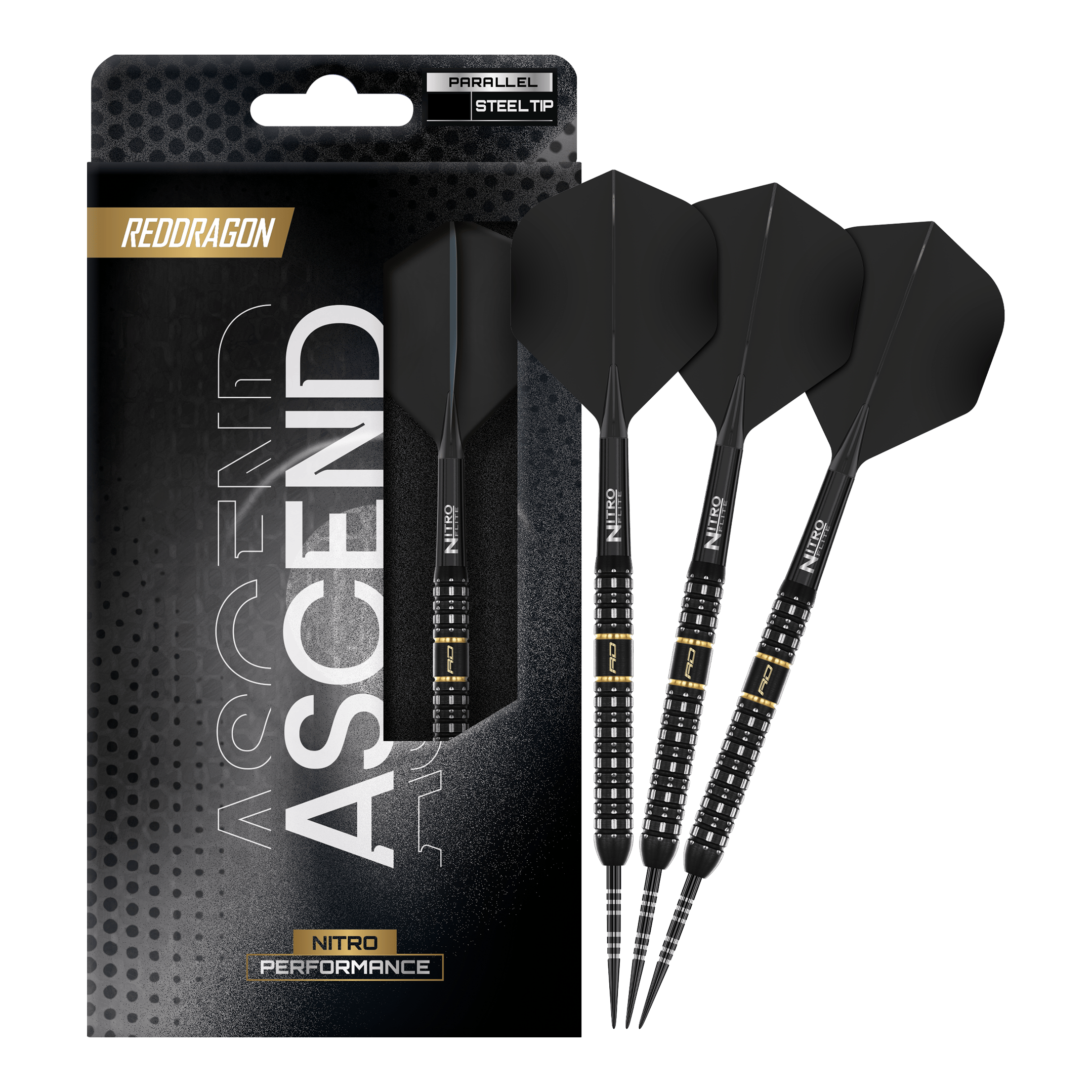 Das Foto zeigt die vollständigen Red Dragon Ascend Parallel Steeldarts. Die Darts sind komplett und einsatzbereit dargestellt.