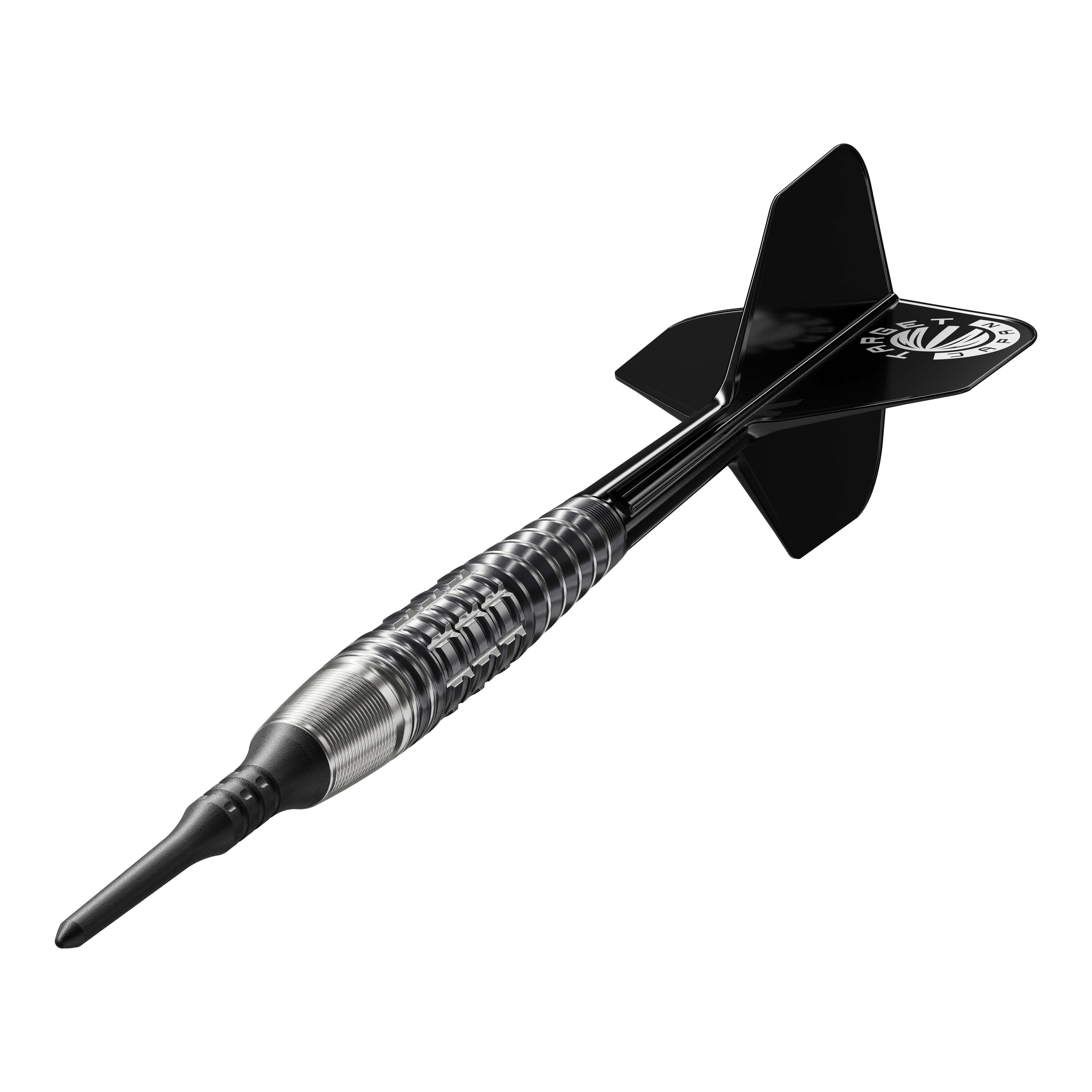 Target Japan Prime Series Harold Ching GEN1 Zenith MAX Soft Tip Darts - 21g Das Bild zeigt einen Softdart aus der Serie "Target Japan Prime Series Harold Ching GEN1 Zenith MAX" mit einem Gewicht von 21g. Der Dart hat ein schwarz-silbernes Design mit schwarzen Flights.