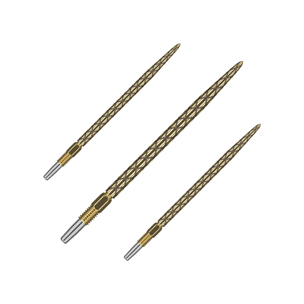 Target Swiss Diamond Pro Gold dartpunten Das Bild zeigt drei goldfarbene Dartspitzen mit einem diamantähnlichen Muster. Die Spitzen sind schlank und haben eine silberne Befestigung am unteren Ende.