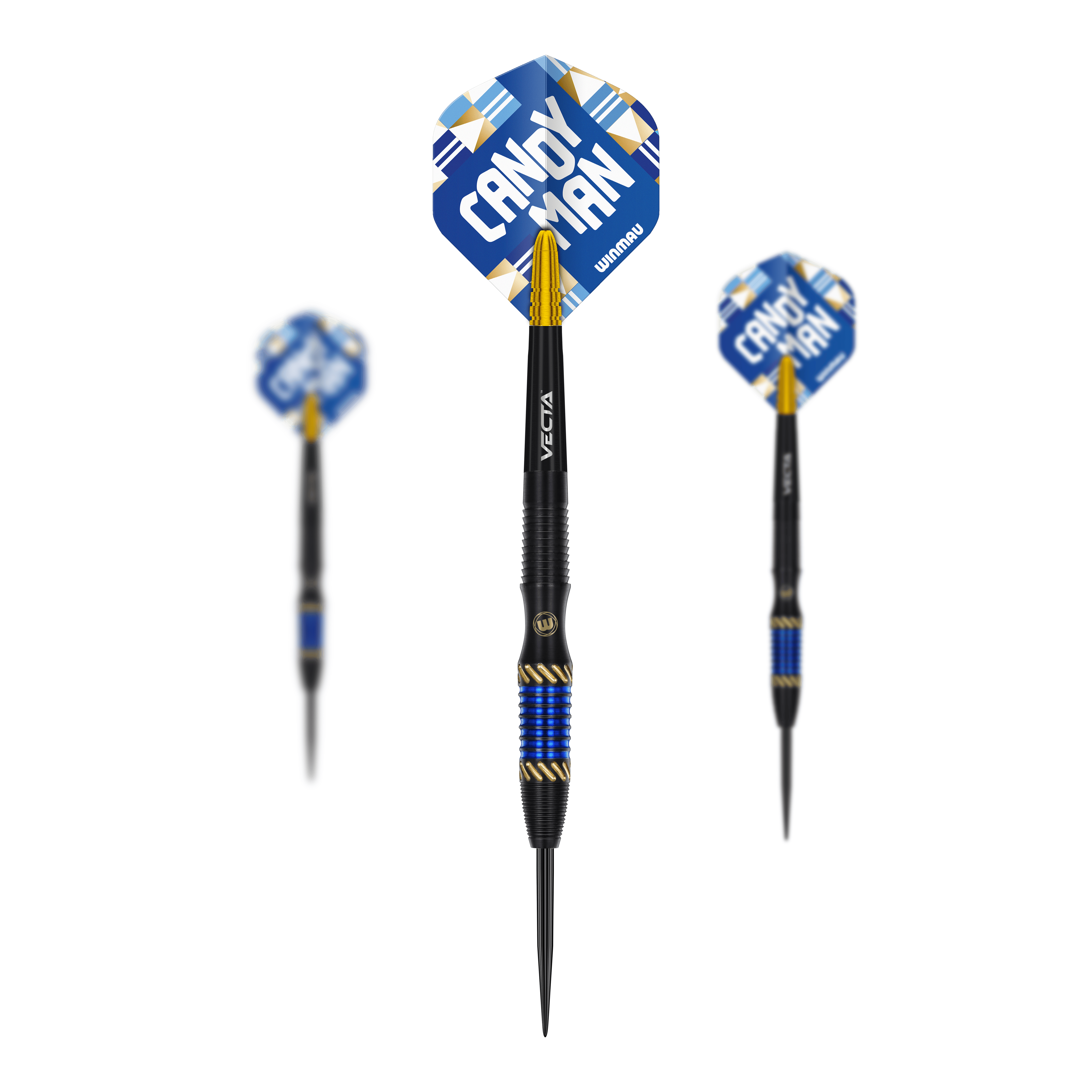 Winmau Rashad Sweeting Steeldarts - 24g Das Bild zeigt drei Steeldarts des Modells "Winmau Rashad Sweeting - 24g". Die Flights sind blau mit der Aufschrift "CANDY MAN" und die Darts haben gold-blaue Akzente.