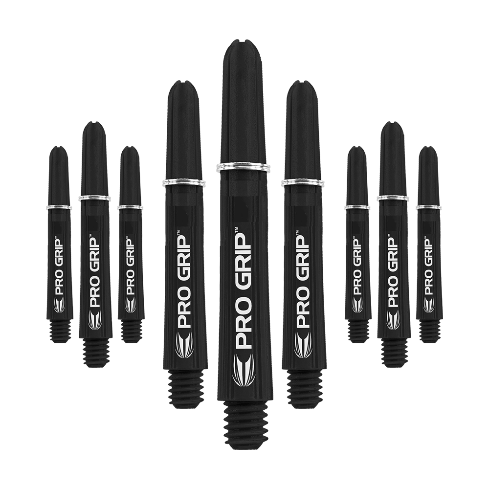 Target Pro Grip Shafts - 3 sets - Zwart Das Bild zeigt neun schwarze Pro Grip Shafts für Dartpfeile in drei unterschiedlichen Längen. Die Shafts sind mit dem weißen Schriftzug "PRO GRIP" und einem Blatt-Symbol bedruckt.