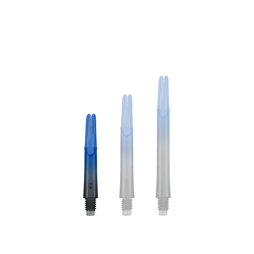 L-L-Style-Shaft Locked Straight Natural9 TwoTone Shafts - Blauw Das Bild zeigt drei unterschiedlich lange Dartschäfte in Blau und Schwarz. Sie stehen nebeneinander und haben ein gerades Design ohne Kappen.