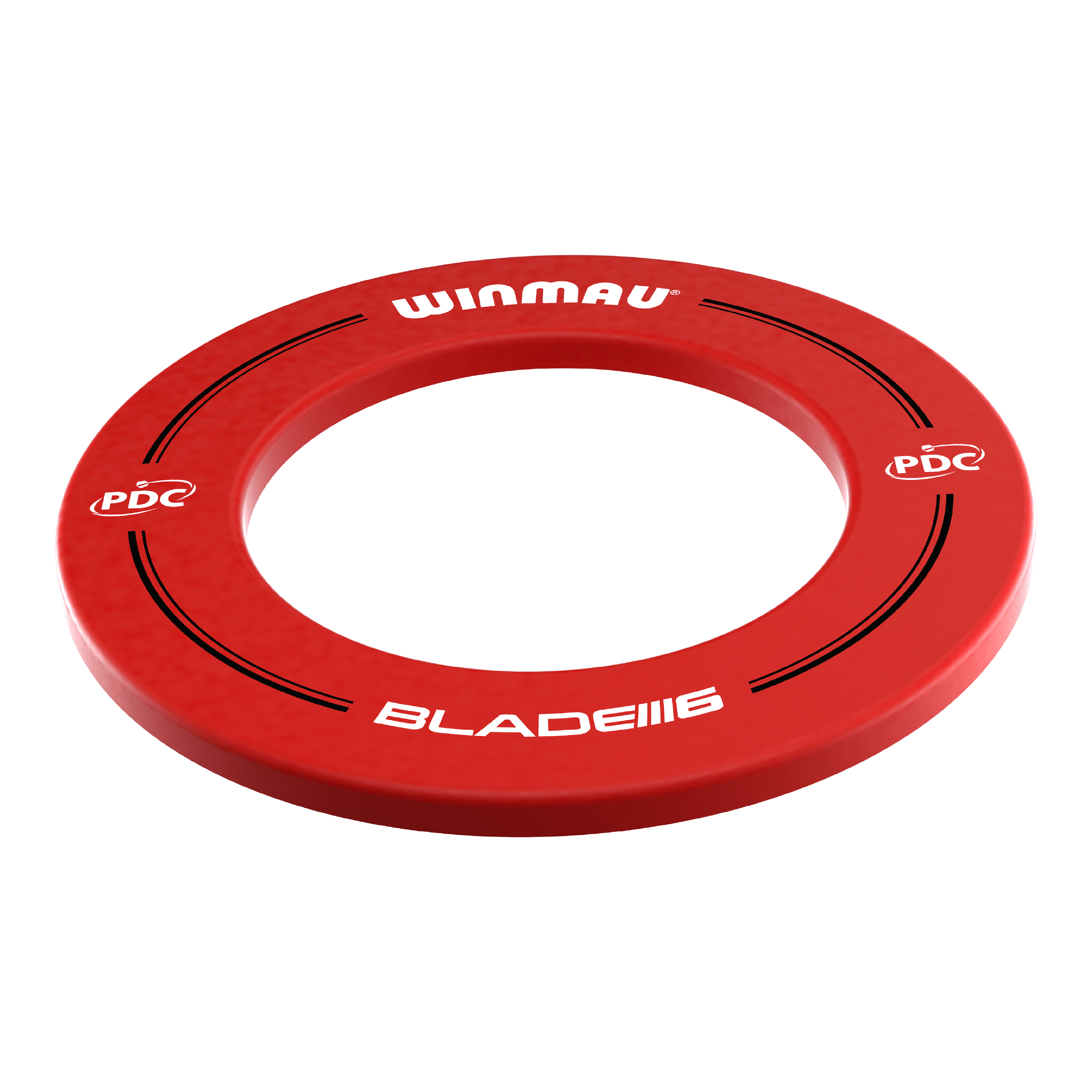 Winmau PDC Dartbord Surround - Rood Das Bild zeigt einen roten Dartboard-Surround der Marke Winmau. Auf dem Surround stehen die Aufschriften „WINMAU“, „PDC“ und „BLADE 6“.