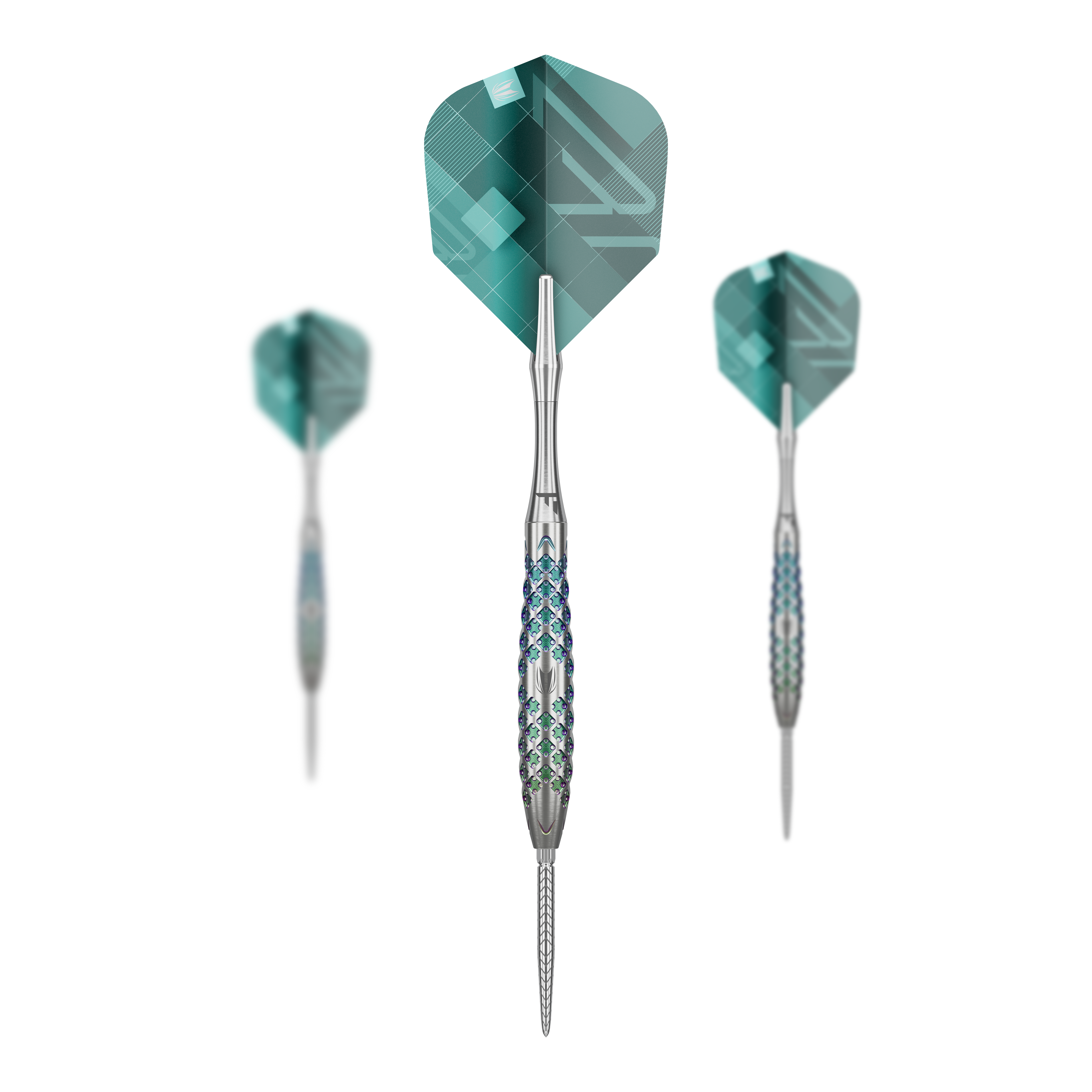 Target Rove 02 Swiss Point stalen dartpijlen Das Bild zeigt drei Steeldarts des Modells "Target Rove 02 Swiss Point". Die Darts haben silberne Barrels mit blauen Akzenten und grüne Flights mit geometrischem Muster.