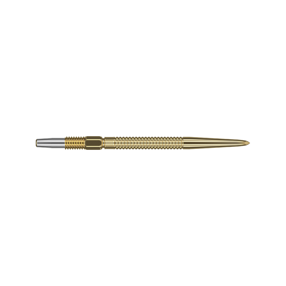 Target Swiss Point GRD Gold darttips Das Bild zeigt eine goldfarbene Dartspitze aus Metall. Die Spitze hat eine geriffelte Struktur für besseren Halt.