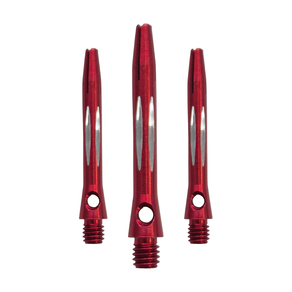 Diamantgeslepen aluminium assen - Rood - 35 mm Hier sieht man den Diamond Cut Aluminium Shafts - Rot - 35mm als Set. Es sind mehrere rote Aluminium-Dartschäfte mit Diamantschliff im Set enthalten.