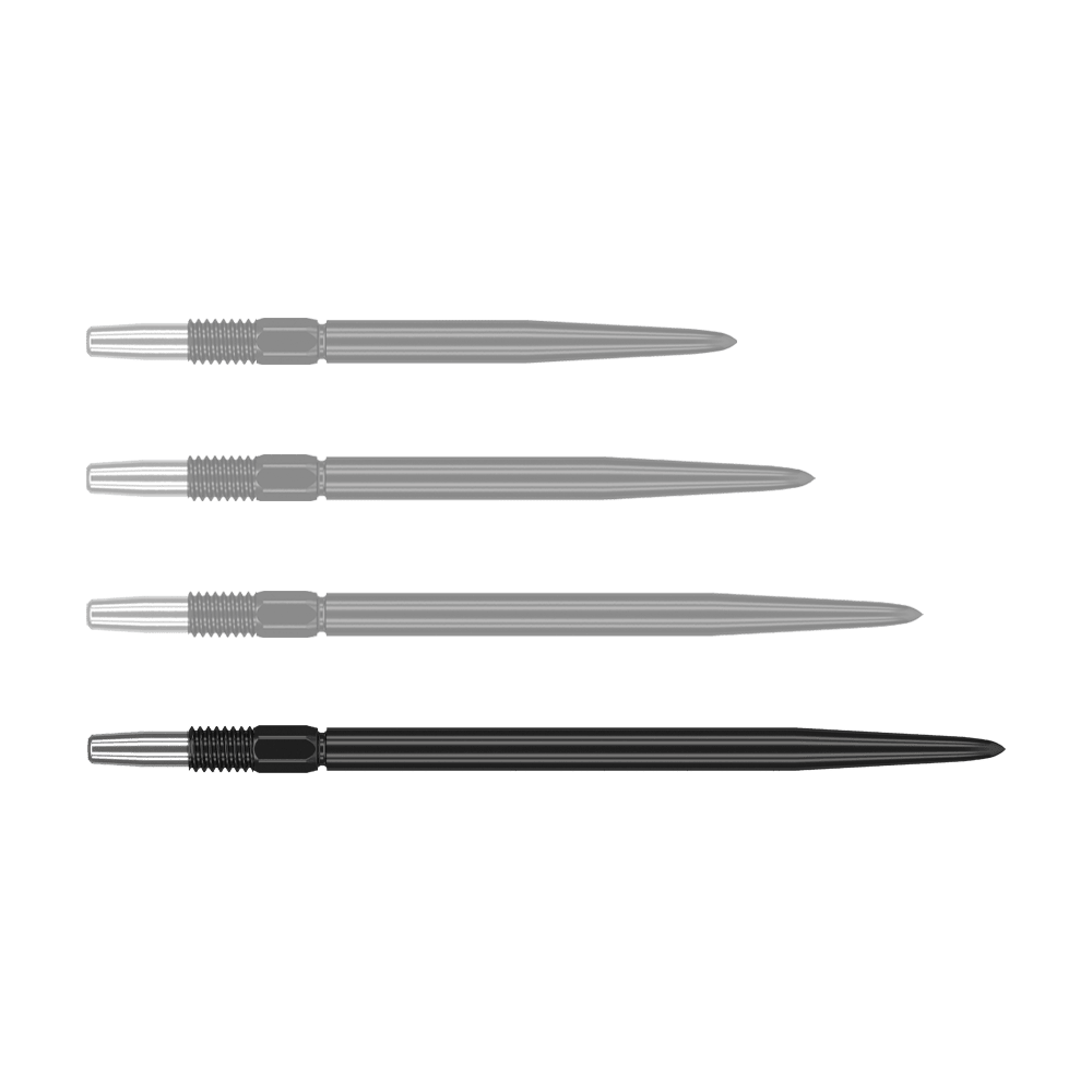 Target Swiss Point Black dartpunten Das Bild zeigt vier schwarze Dartspitzen mit silbernem Gewinde. Sie sind nebeneinander ausgerichtet und identisch in Form und Größe.