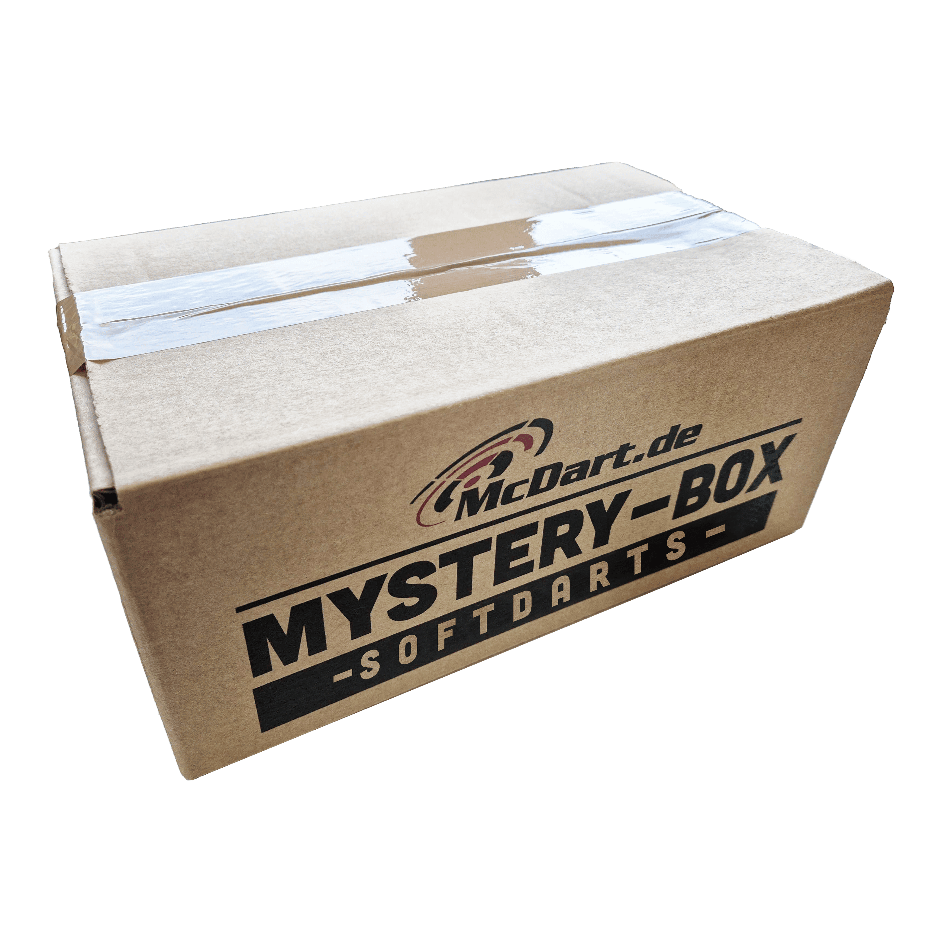 Auf dem Bild ist ein Karton mit der Aufschrift "McDart Mystery-Box - Softdarts" zu sehen. Der Karton ist zugeklebt und sieht aus wie ein Überraschungspaket.