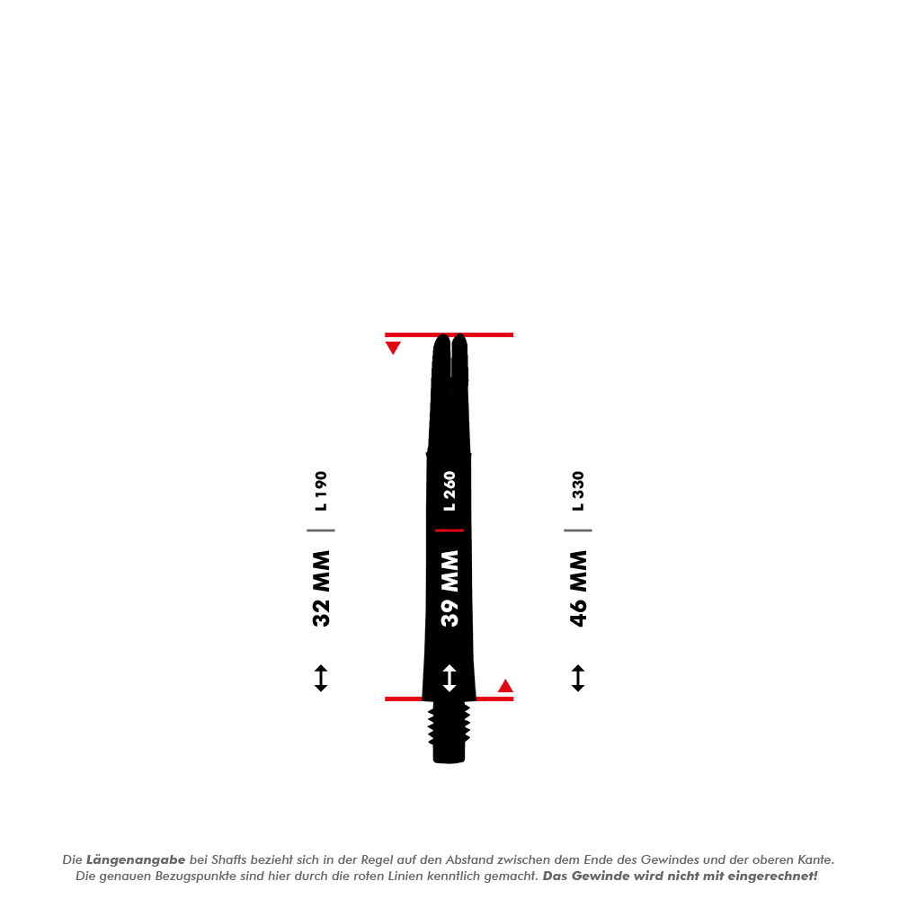 L-L-Style-Shaft Locked Straight Natural9 TwoTone Shafts - Grün Das Bild zeigt einen geraden L-Shaft mit der Länge von 39 mm. Es sind auch die Längenvarianten 32 mm und 46 mm eingezeichnet.