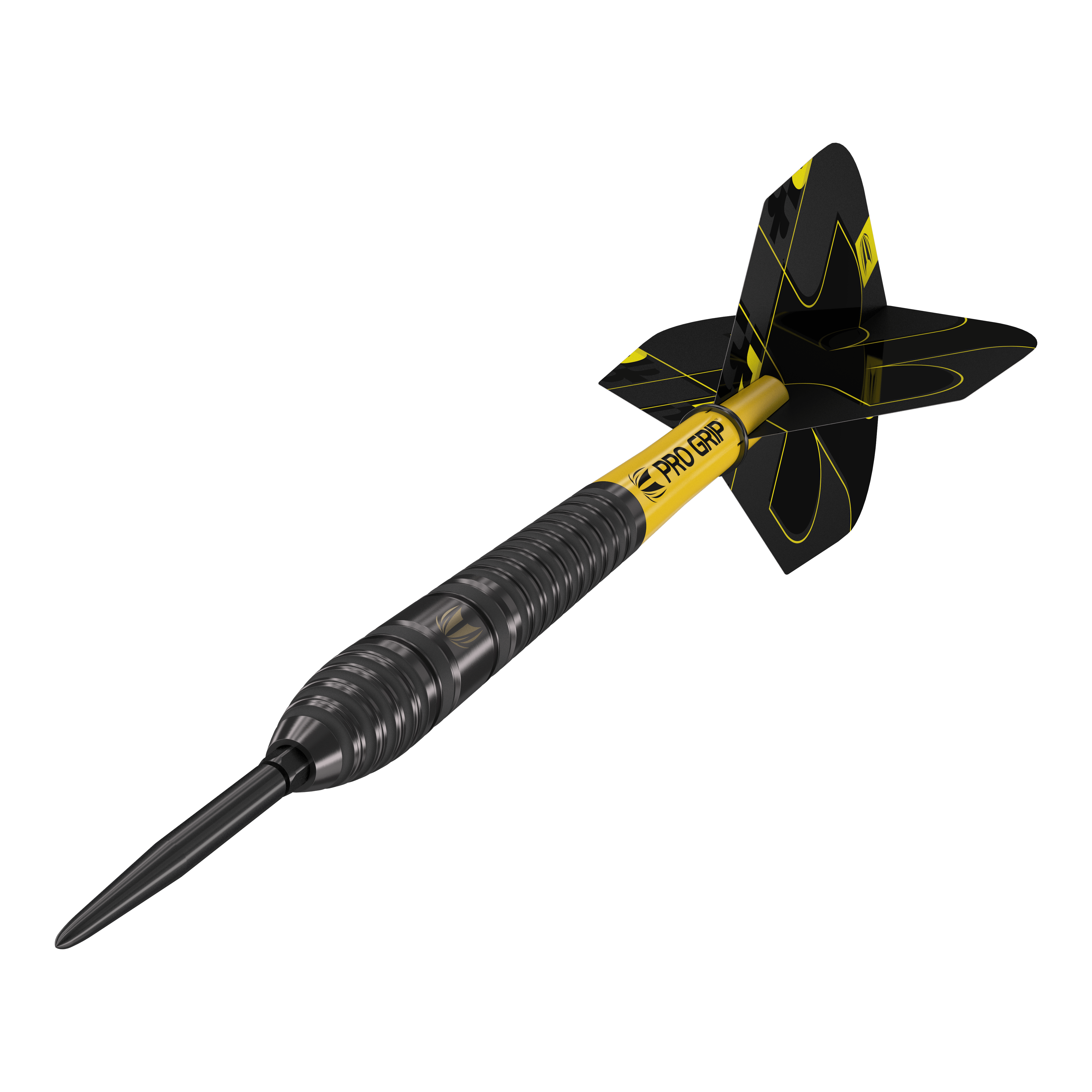 Target Bolide Void 03 Swiss Point steel darts Das Bild zeigt einen Target Bolide Void 03 Swiss Point Steeldart. Der Dart ist schwarz mit gelben Akzenten und hat den Schriftzug "Pro Grip" auf dem Schaft.