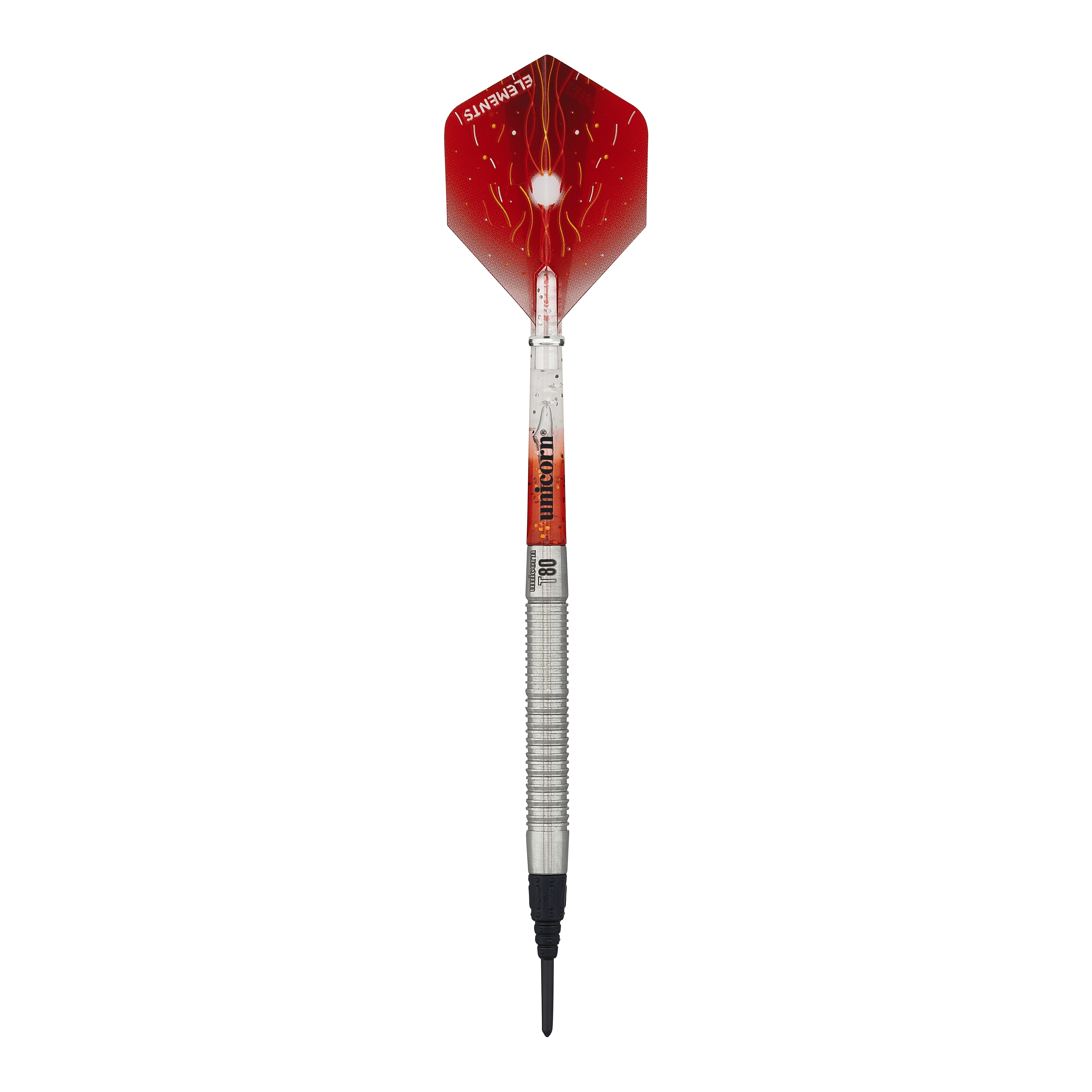 Unicorn Core XL Striker Style 1 Softdarts - 19g Auf dem Bild ist ein Softdart der Marke Unicorn Core XL Striker Style 1 mit einem Gewicht von 19g zu sehen. Die Flights sind rot mit einem weißen Muster, und der Schaft ist silbern.