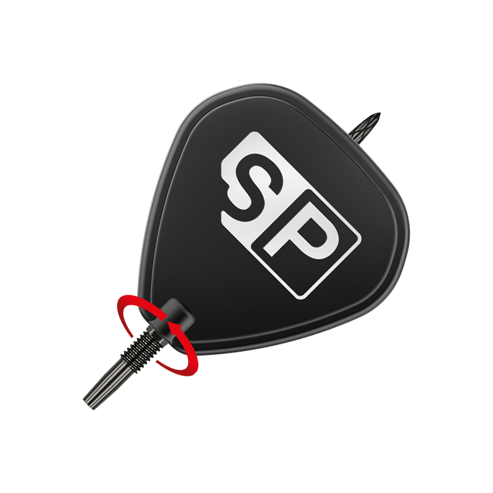 Target Swiss DS Surge Point Dartpunten - Goud Das Bild zeigt eine schwarze Dartspitze mit der Aufschrift „SP“. Ein roter Pfeil deutet auf das Gewinde hin und zeigt, dass die Spitze eingeschraubt werden kann.