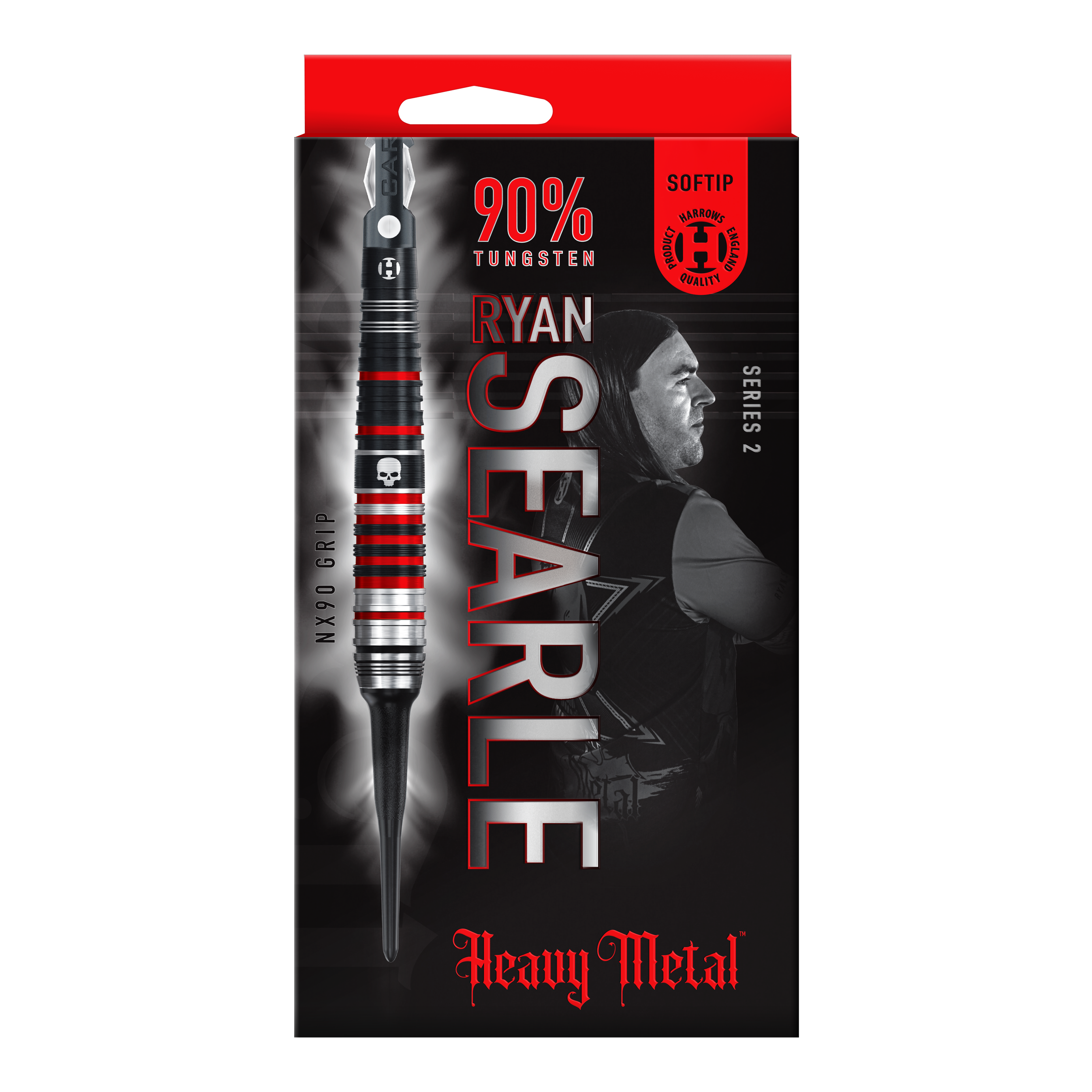 Harrows Ryan Searle Heavy Metal Series 2 Softdarts Auf dem Bild ist die Verpackung der "Harrows Ryan Searle Heavy Metal Series 2 Softdarts" zu sehen. Die Packung ist überwiegend schwarz mit roten Akzenten und zeigt einen Dartpfeil sowie das Bild eines Spielers.