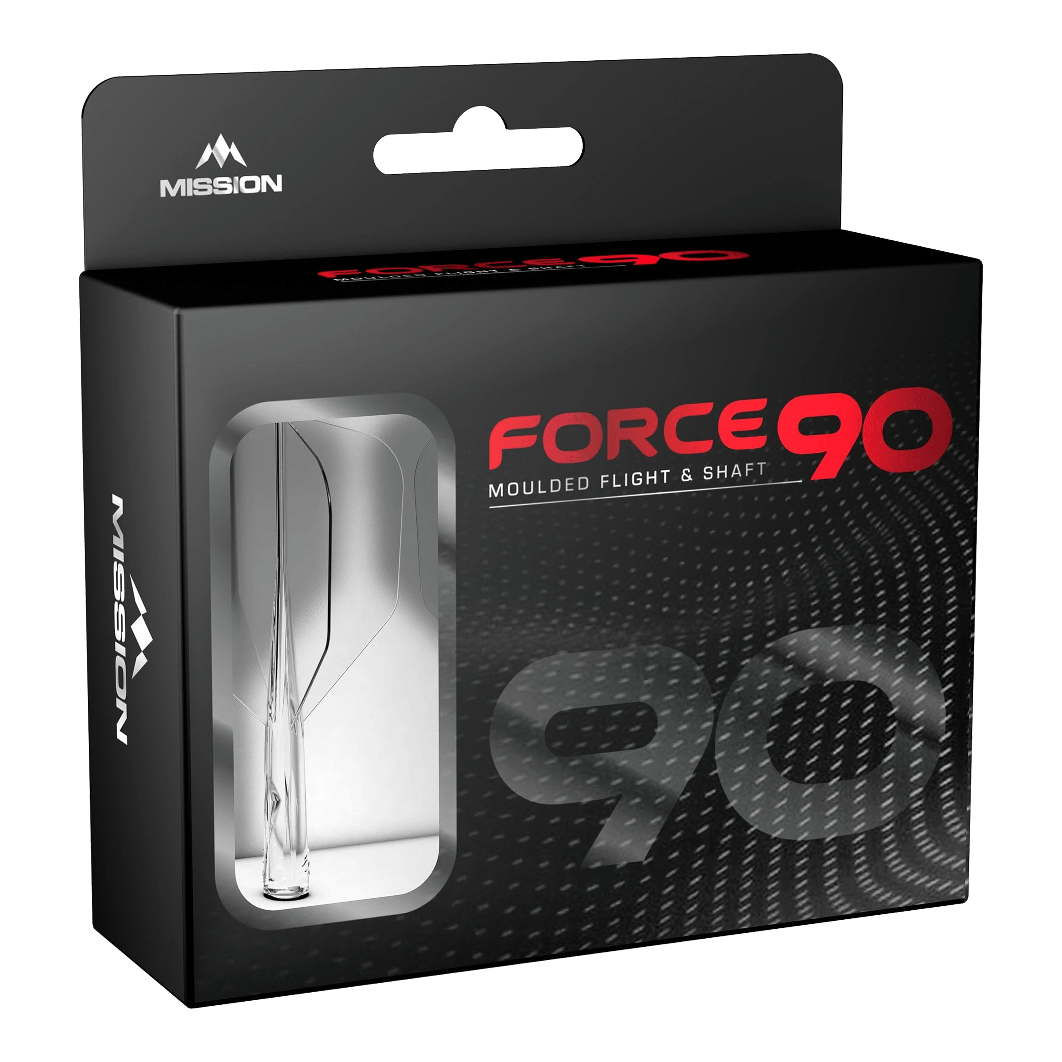 Mission Force 90 No6 Flight Shaft System - Doorzichtig Die Abbildung zeigt die Verpackung des Produkts „Mission Force 90 No6 Flight-Shaft-System - Clear“. In der schwarzen Box mit Sichtfenster ist das transparente Flight-Shaft-System zu erkennen.