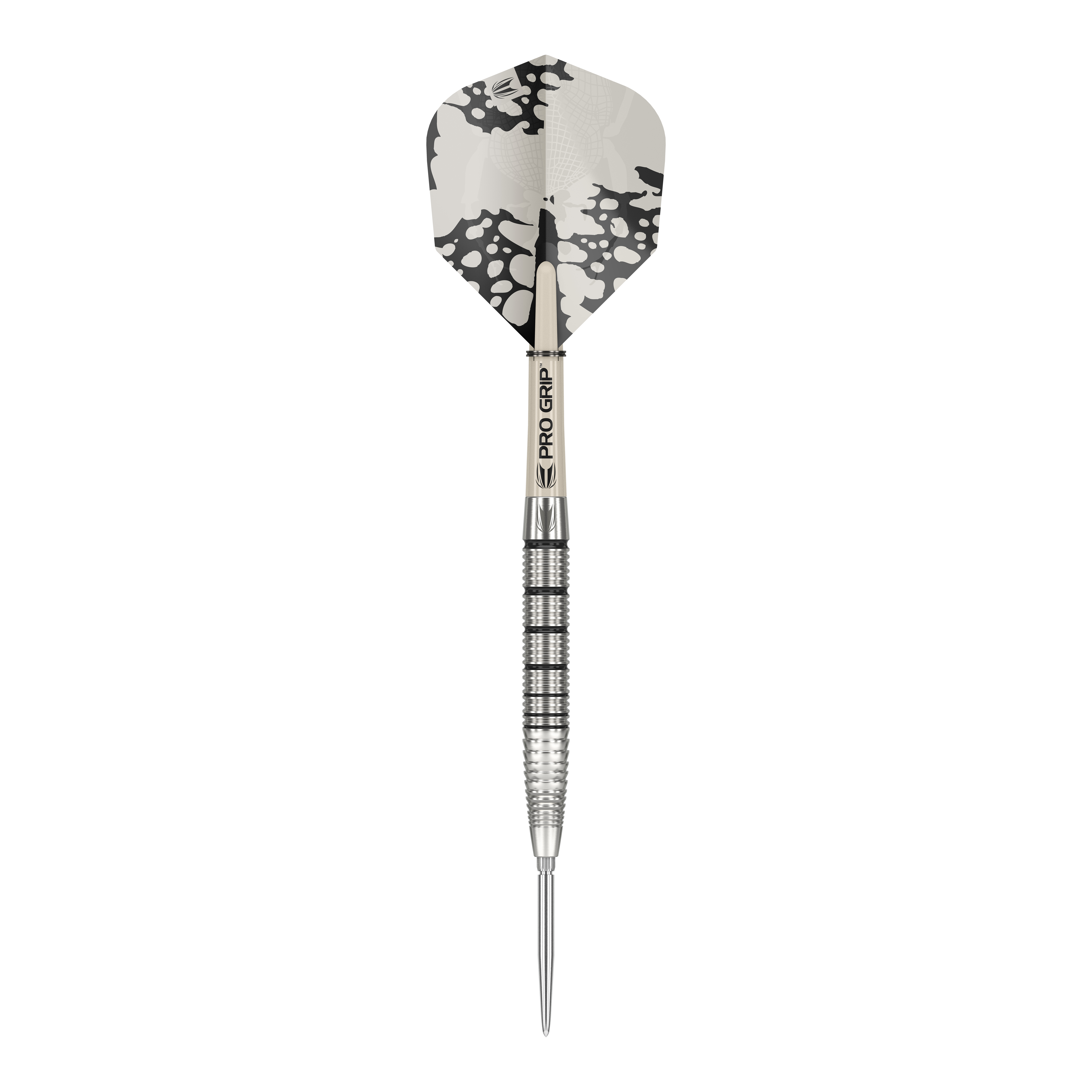 Target EXO SP02 Swiss Point stalen dartpijlen Das Bild zeigt einen Target EXO SP02 Swiss Point Steeldart. Der Dartpfeil hat ein silbernes Griffstück mit schwarzen Rillen und eine schwarz-weiße Flight.