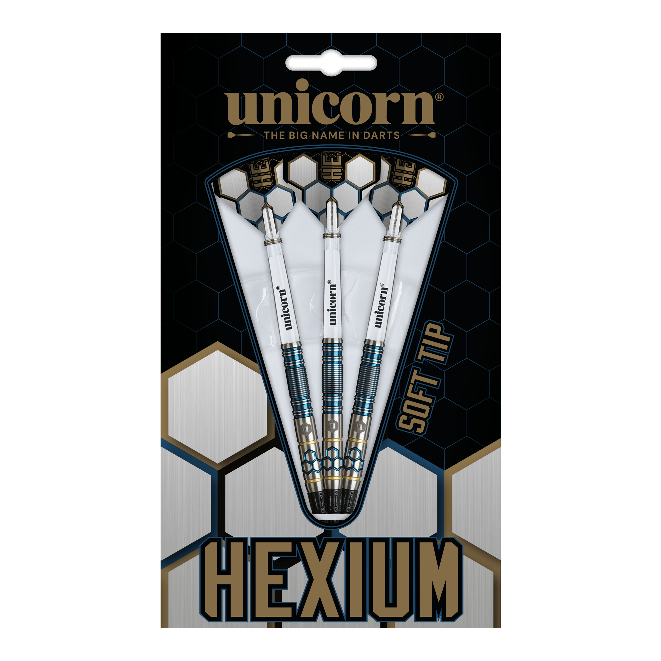 Unicorn Hexium Style 02 Blue & Gold Softdarts - 21g besticht durch sein modernes Design. Die stilvollen Softdarts sind ideal für Dartbegeisterte.