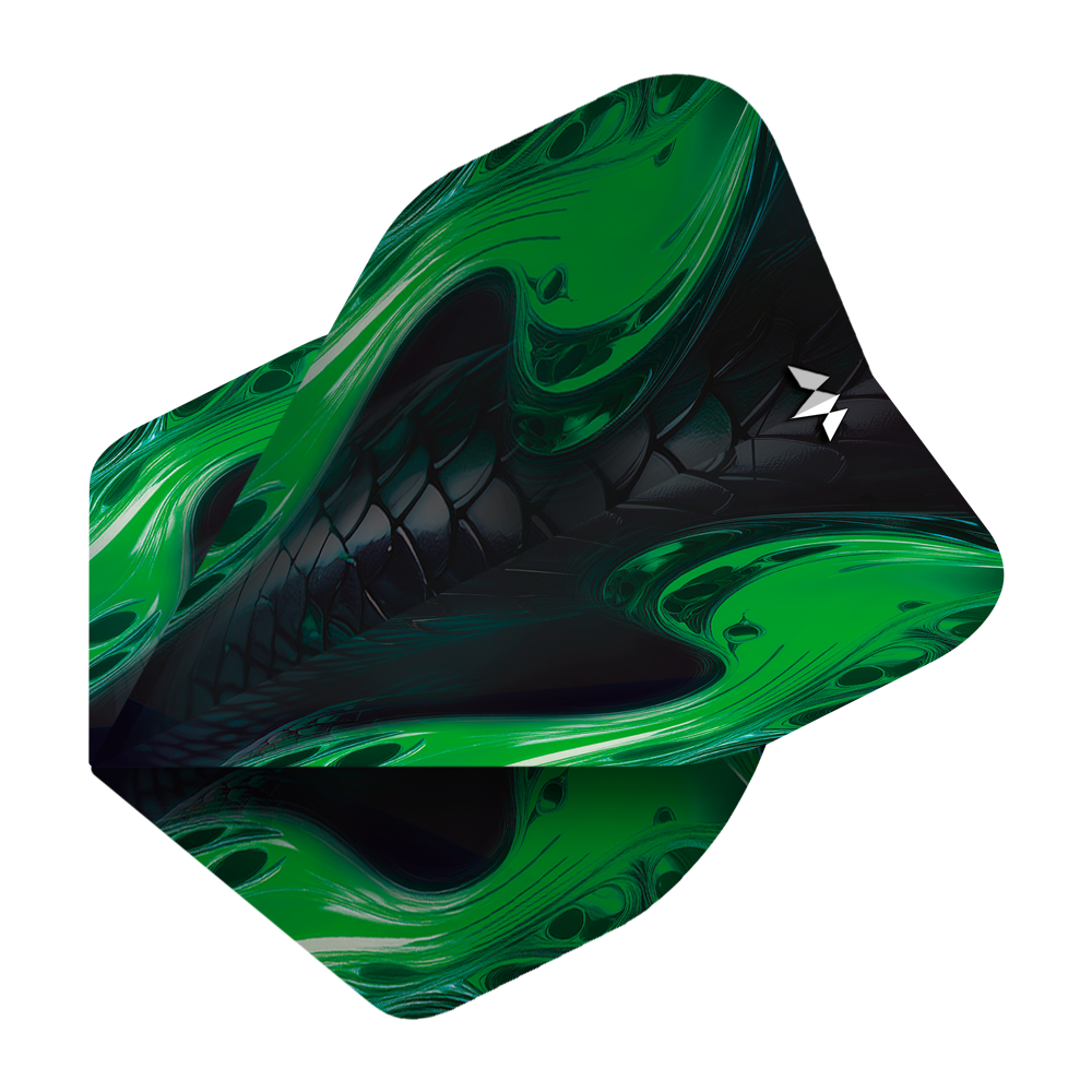 Mission Solo Venom No2 Standaardvluchten Das Bild zeigt die "Mission Solo Venom No2 Standard Flights" mit einem auffälligen grünen und schwarzen Design. Das Muster erinnert an Schlangenhaut und verleiht der Flight einen dynamischen Look.