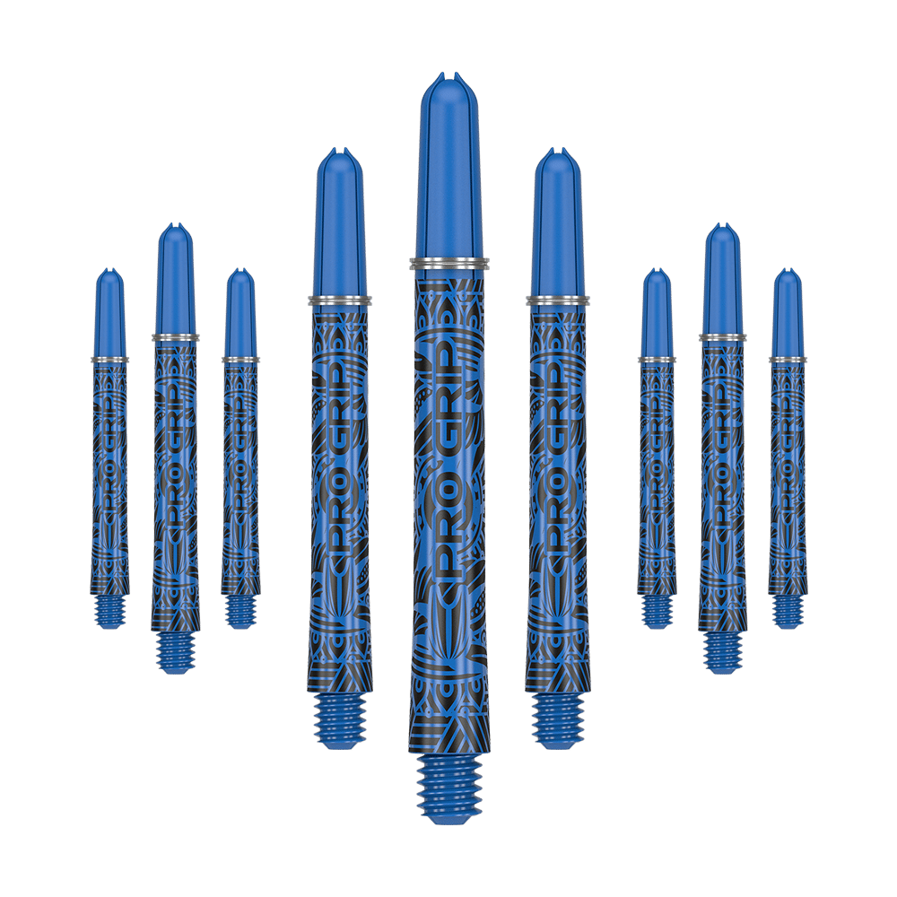 Das Bild zeigt neun blaue Dartschäfte mit schwarzem Muster und der Aufschrift "PRO GRIP". Sie sind in einer Reihe angeordnet, wobei die mittleren Schäfte am größten dargestellt werden.