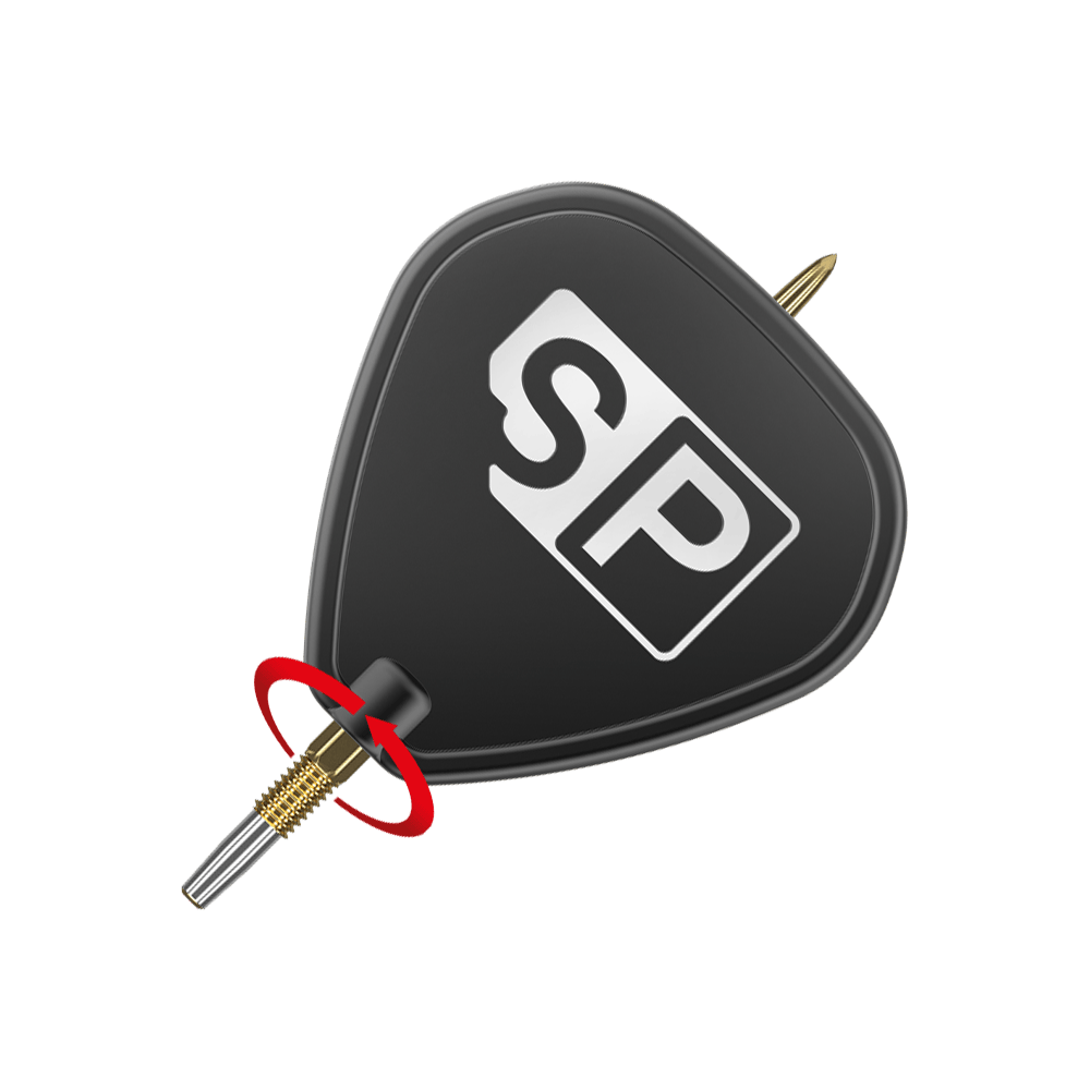 Target Swiss Point GRD Gold darttips Das Bild zeigt die Target Swiss Point GRD Gold Dartspitzen. Die Spitzen sind goldfarben und an einem schwarzen Flight mit „SP“-Logo befestigt.