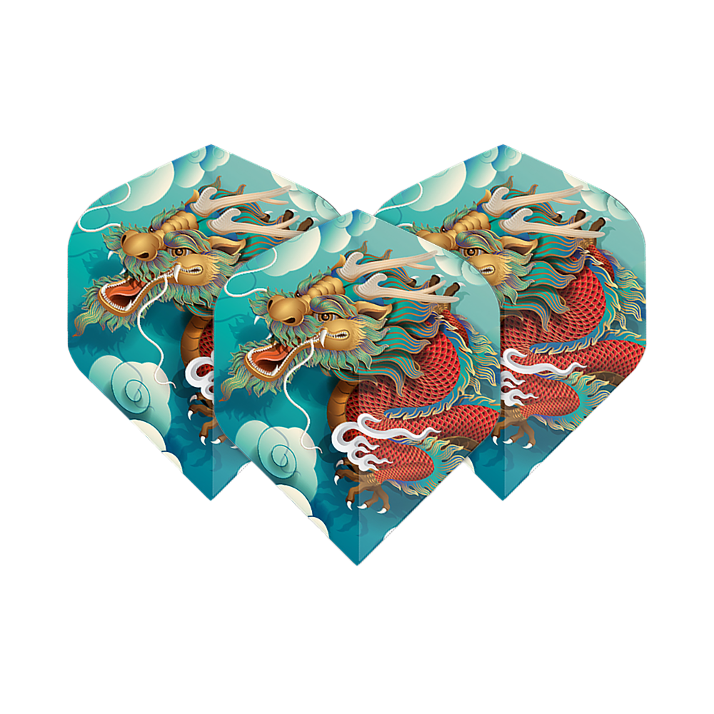 Pentathlon Vluchten Draak Das Bild zeigt drei Dart-Flights mit einem bunten Drachenmotiv vor einem blauen Himmel mit Wolken. Es handelt sich um das Produkt "Pentathlon Dragon 5 Standard Flights".