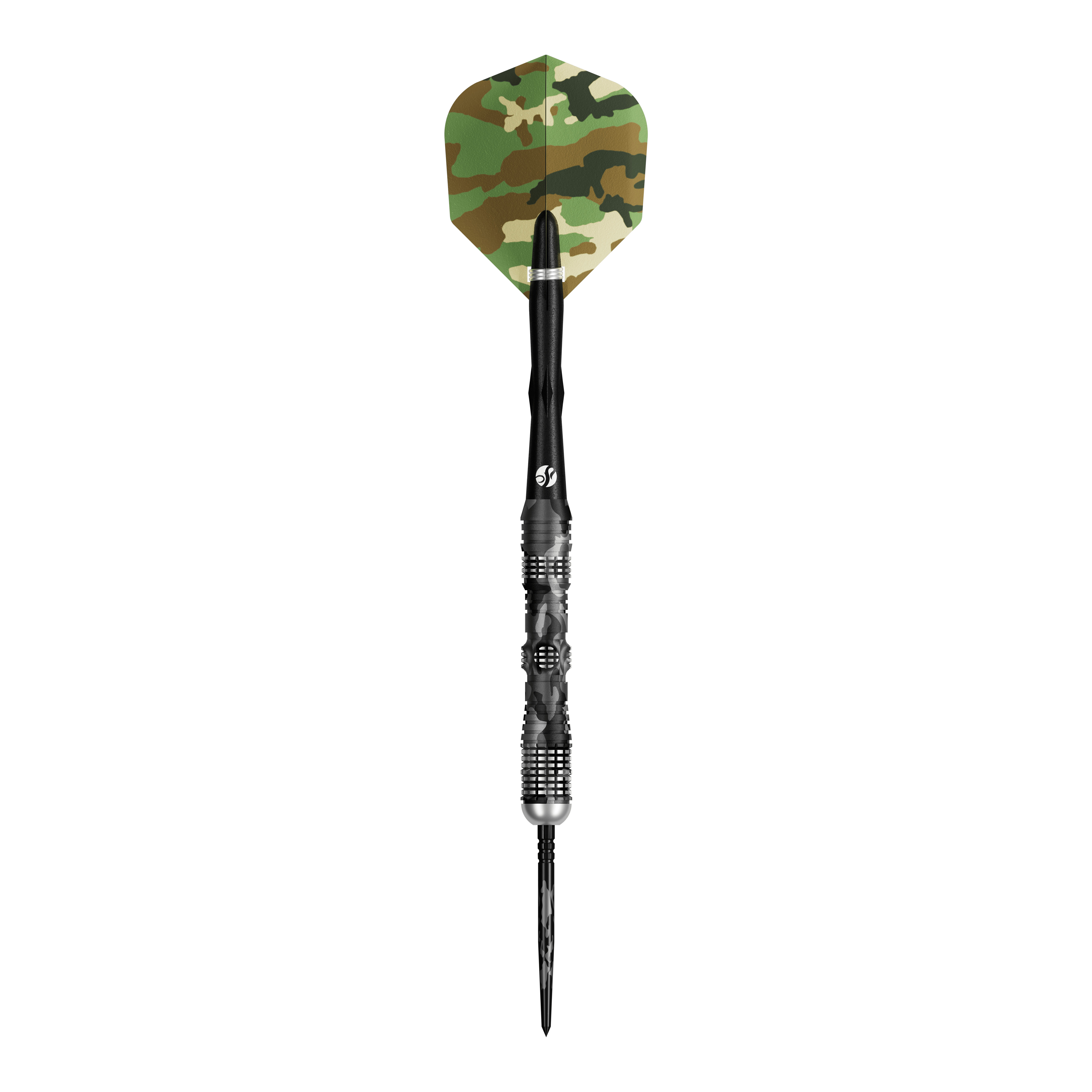 Shot Camo Longshot Turbo Point Steeldarts 23g sind Dartpfeile im Tarnmuster. Die Pfeile liegen parallel.