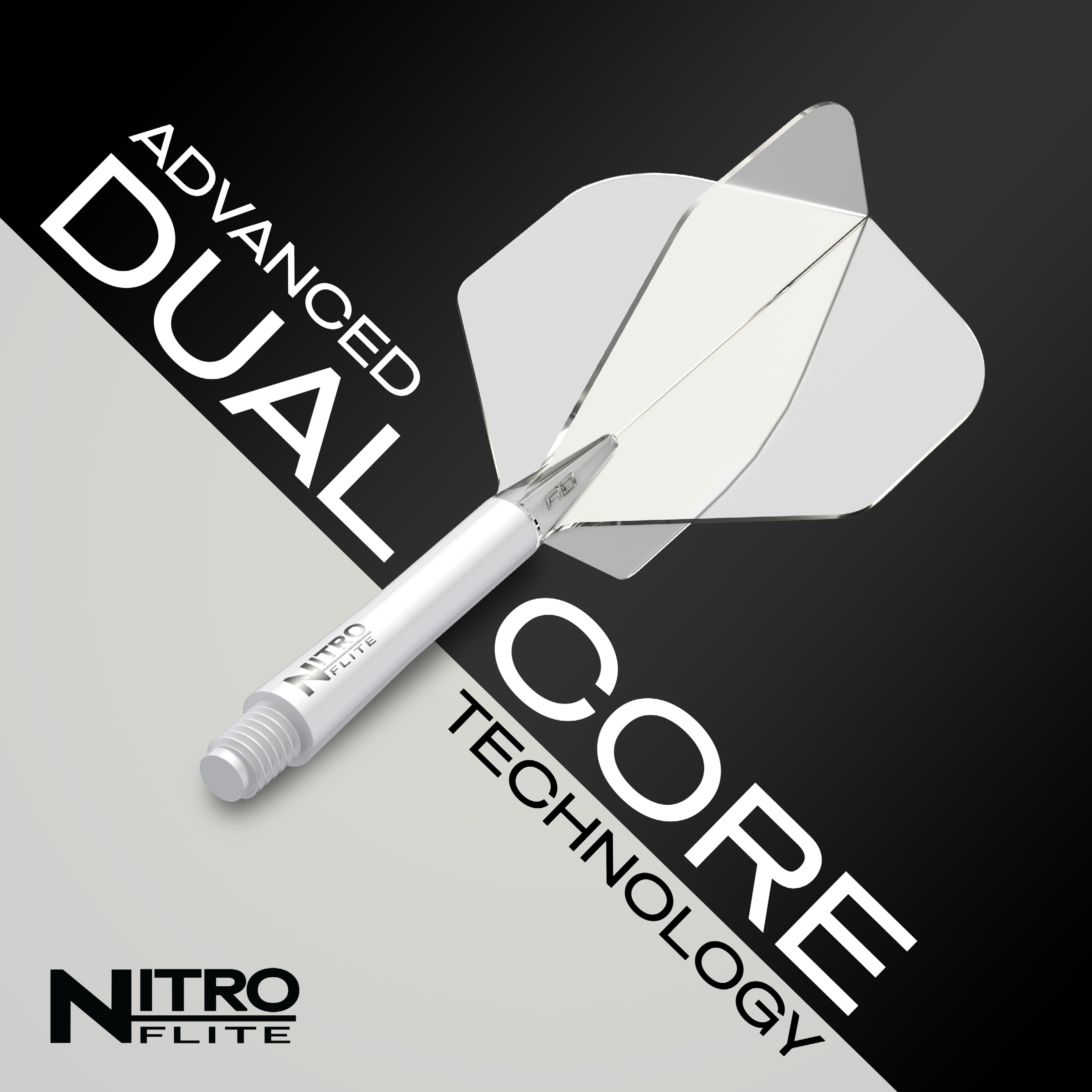 Das Bild zeigt das Produkt "Red Dragon Nitroflite - White Shaft Clear No2 Flights". Auf dem Bild sind die Begriffe "Advanced Dual Core Technology" sowie das Produkt selbst gut sichtbar.