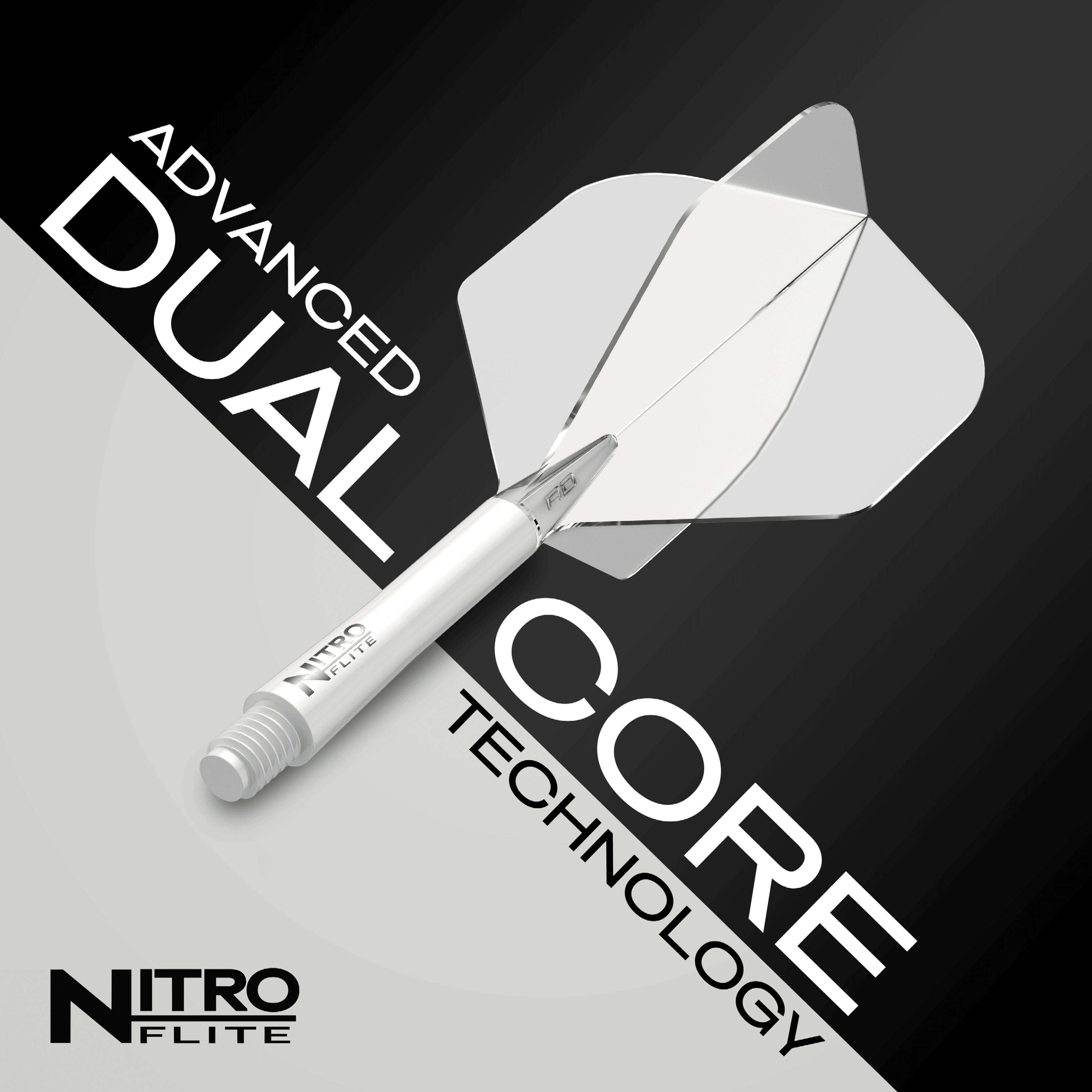 Red Dragon Nitroflite - Witte Schacht Clear No2 Vluchten Das Bild zeigt das Produkt "Red Dragon Nitroflite - White Shaft Clear No2 Flights". Auf dem Bild sind die Begriffe "Advanced Dual Core Technology" sowie das Produkt selbst gut sichtbar.