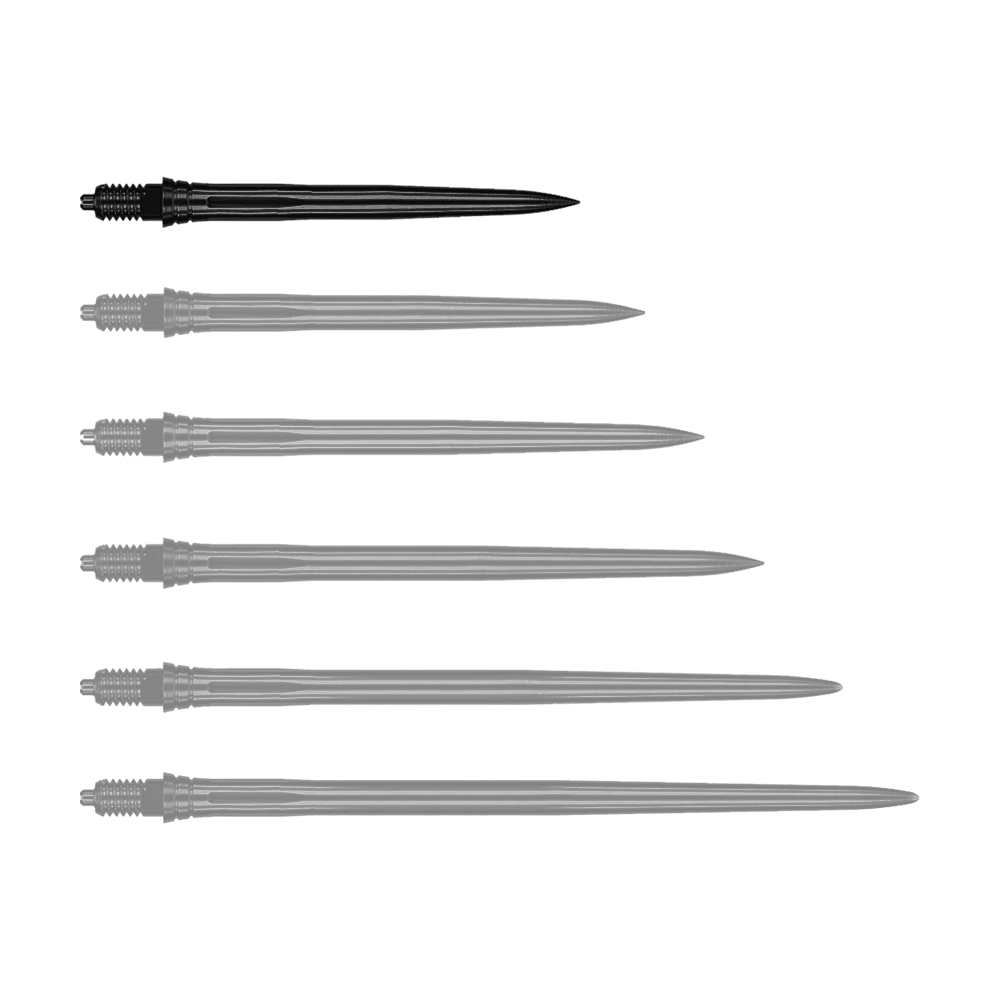 Caliburn EZ-EVO dartpunten - Glad - Zwart Das Bild zeigt schwarze Dartspitzen mit glatter Oberfläche, vermutlich 28 mm lang. Die Datei trägt den Namen EVO181_Caliburn_EZ-EVO_Dartspitzen_Smooth_Schwarz_28mm_1.