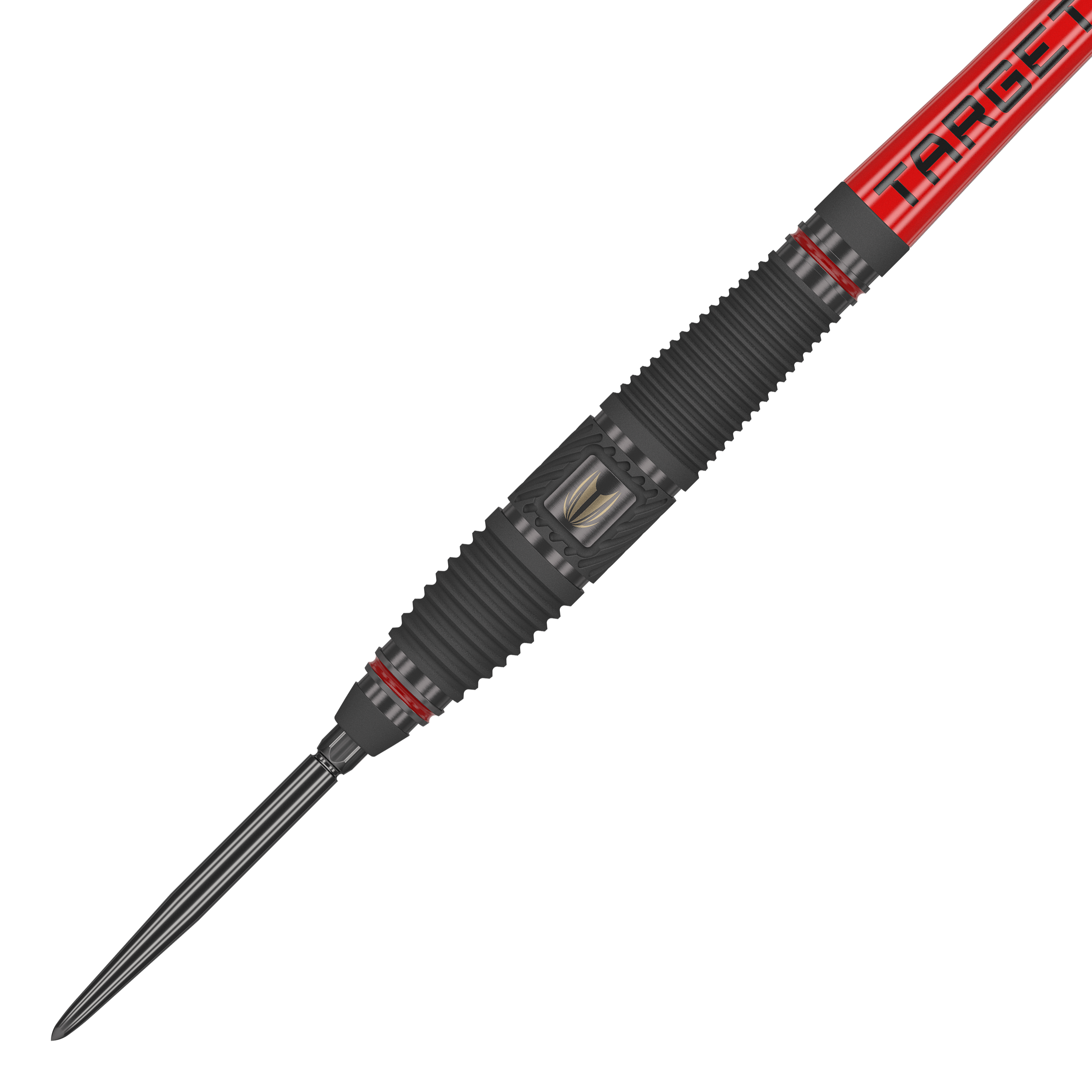 Target Scope 03 Swiss Point stalen darts Das Bild zeigt ein Target Scope 03 Swiss Point Steeldart mit schwarzem und rotem Design. Die Oberfläche des Darts ist geriffelt und hat Metallakzente für besseren Halt.