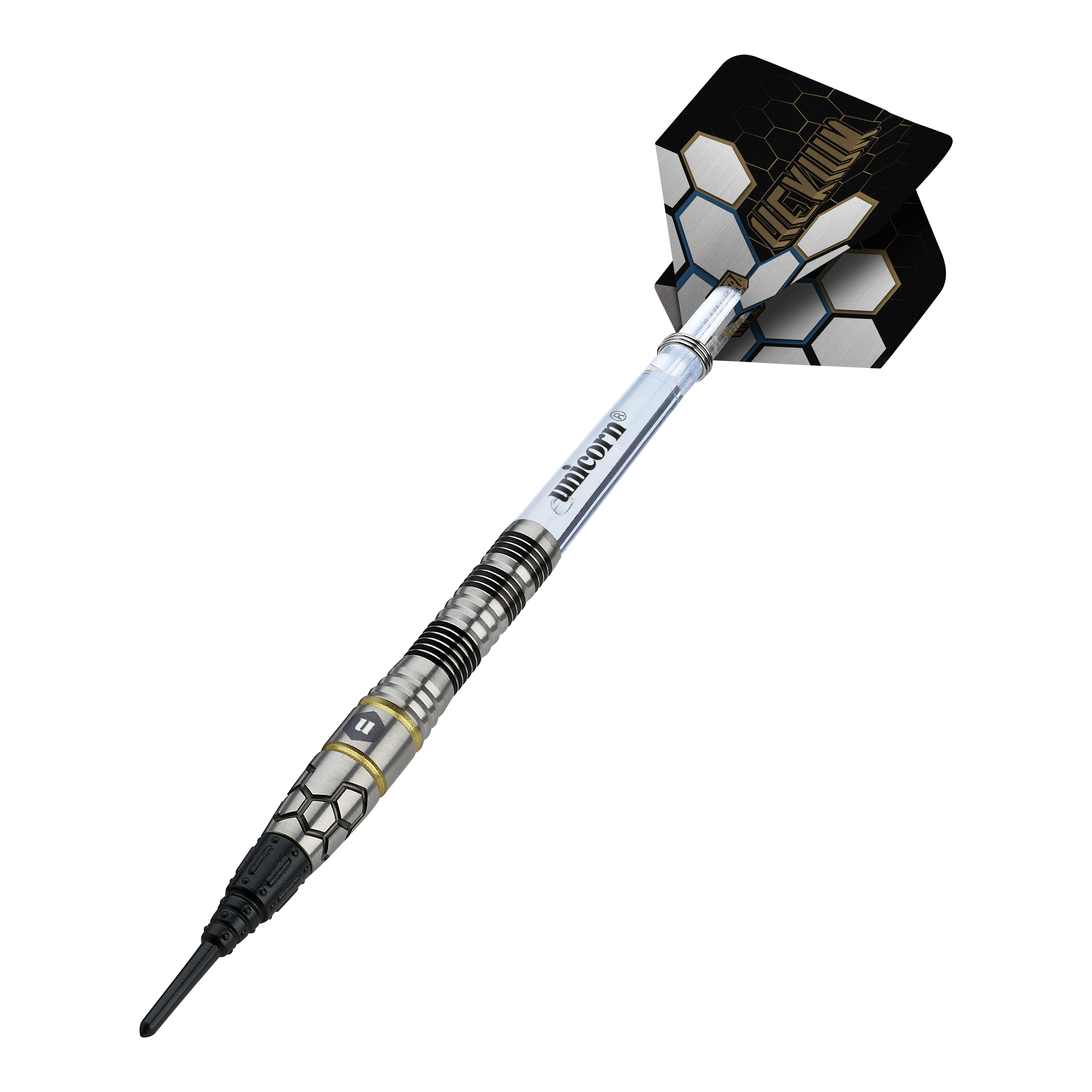 Unicorn Hexium Style 01 Black & Gold Softdarts - 22g ist ein hochwertiger Softdart mit stilvollem Design. Er bietet ausgezeichnete Griffigkeit und ist für anspruchsvolle Spieler geeignet.