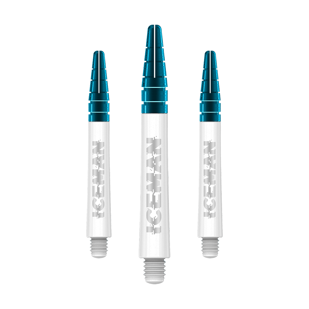 C635_Red_Dragon_Nitrotech_Gerwyn_Price_Shafts_White_42mm_1 Auf dem Bild sind drei weiße Dartschäfte mit blauen Spitzen zu sehen. Auf den Schäften steht das Wort "ICEMAN" in silberner Schrift.