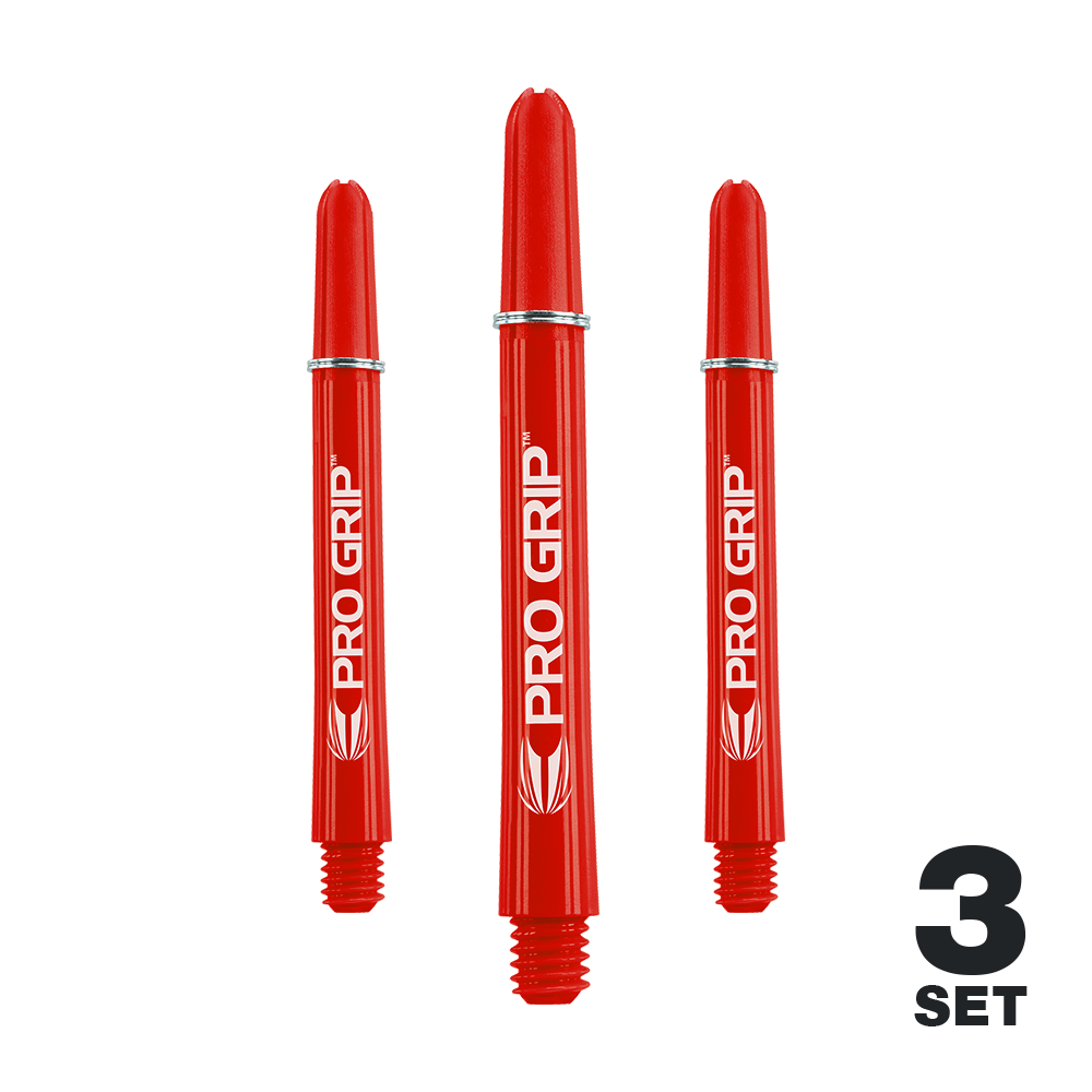Das Bild zeigt drei rote Pro Grip Shafts für Darts. Unten rechts steht "3 Set", was darauf hinweist, dass es sich um ein Set mit drei Stück handelt.
