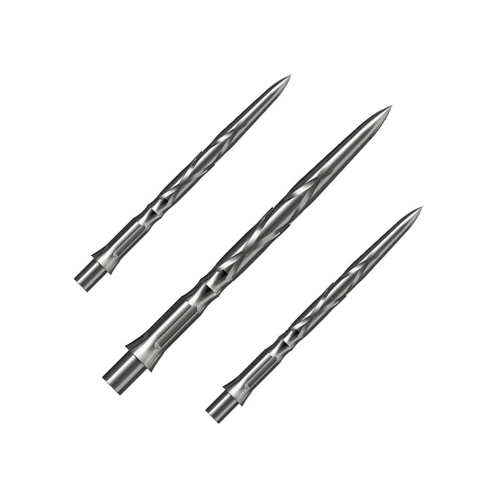 Caliburn System stalen dartpunten - HAN G2 - Zilver Das Bild zeigt drei silberne Steeldartspitzen mit einer gedrehten Oberflächenstruktur. Sie sind spitz zulaufend und für den Einsatz in Dartpfeilen geeignet.