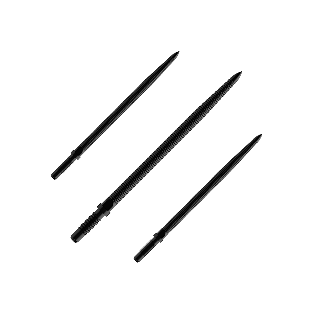 Bulls NL Convertible Point Dart Tips - Micro Grip - Zwart Abgebildet ist ein Produkt mit dem Namen BU57705_BullsNL_Convertible_Points_MicroGrip_Schwarz_36mm_1Set. Es handelt sich um schwarze umwandelbare Dartspitzen mit MicroGrip in 36 mm Länge.